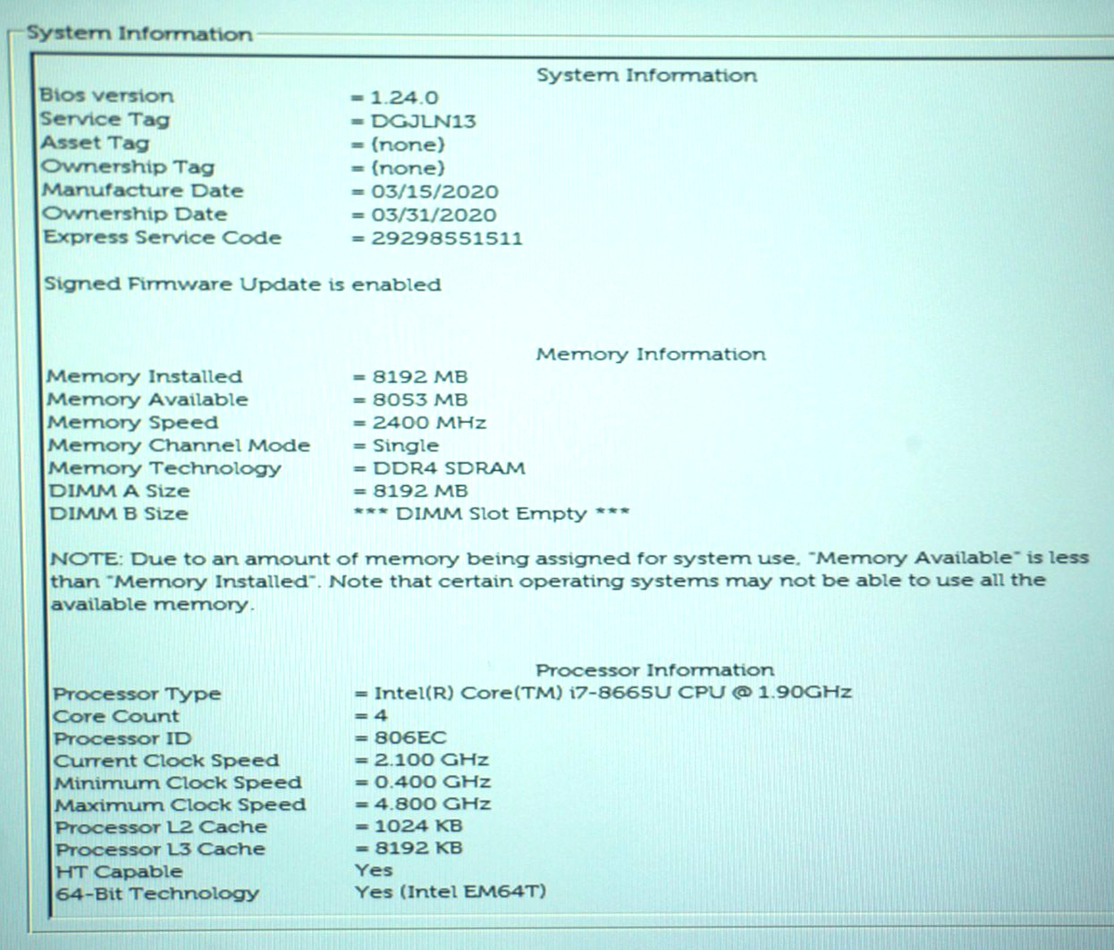 Dell Latitude 7400 – intel Core i7-8665U @1.90GHZ 8GB RAM – No HD/No OS