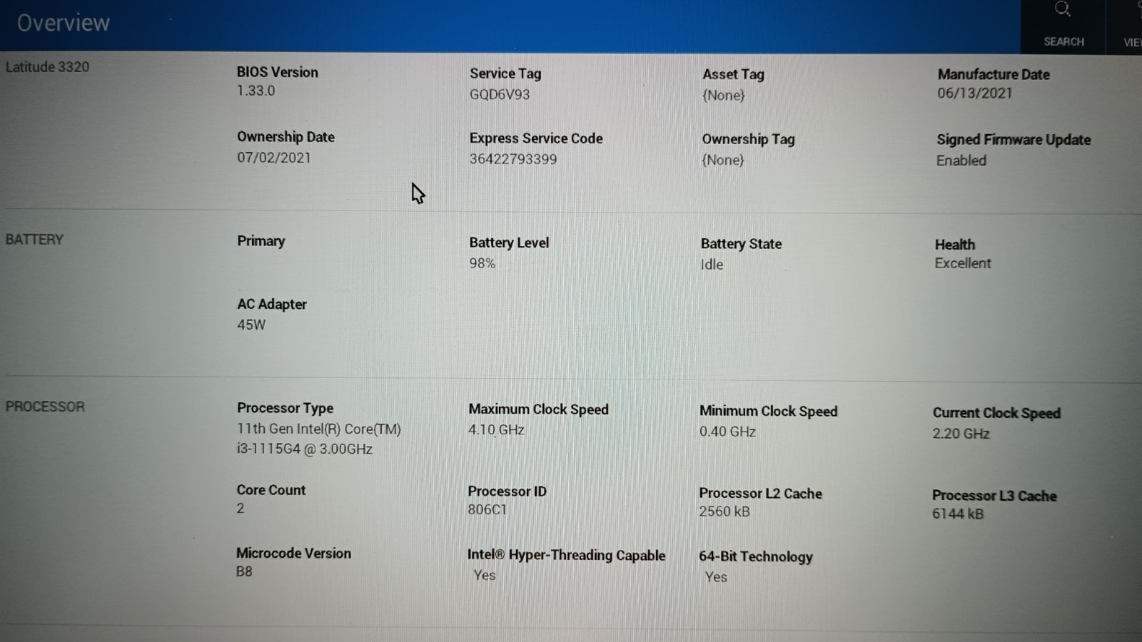 130112 Latitude3320 w/charger.i3-1115G4.4GB.128GB NVMe.13.3″FHD. W11.Sim&Nice!