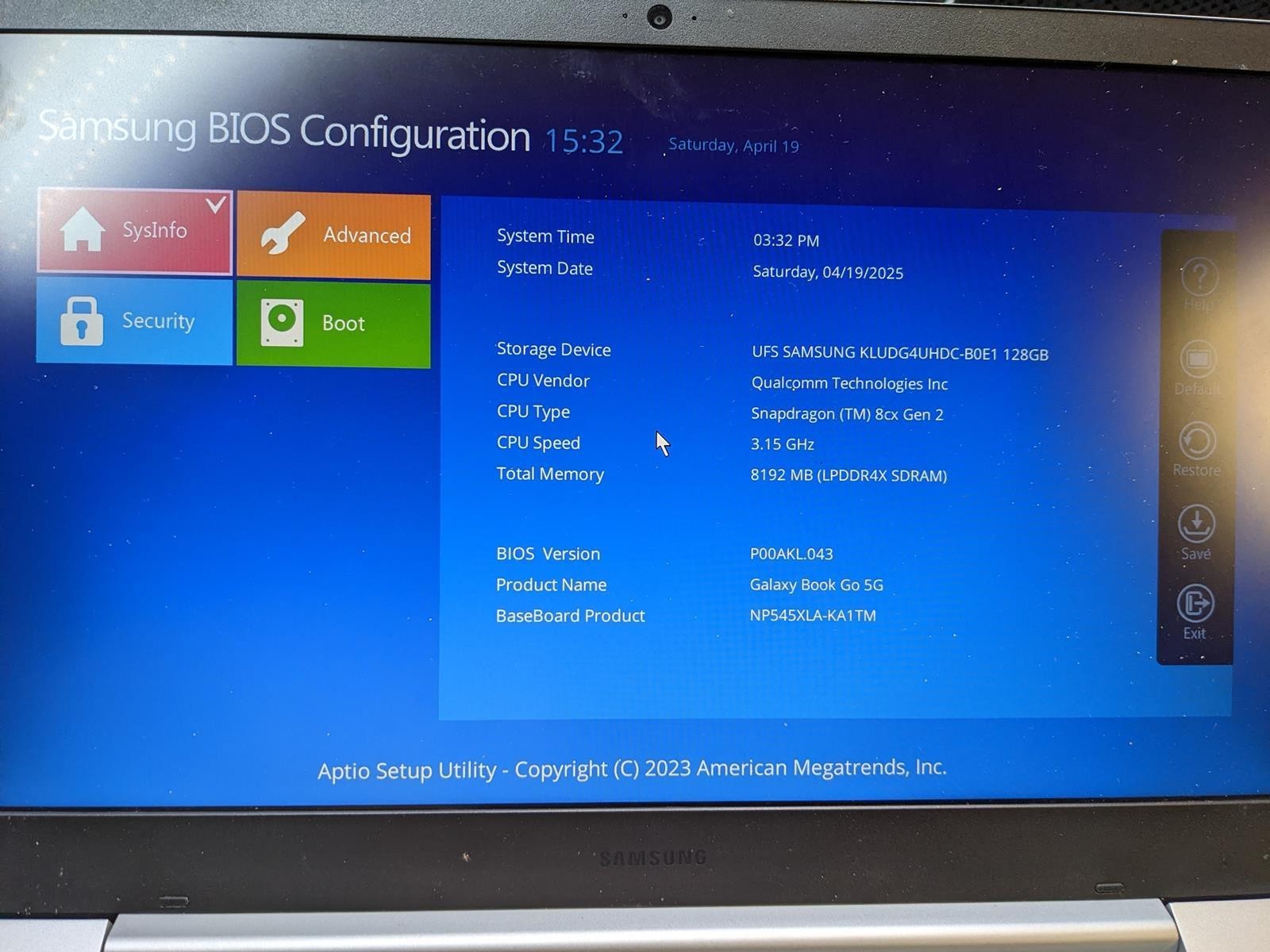 SAMSUNG GALAXY BOOK GO NP545XLA SNAPDRAGON 8CX G2 @ 3.5GHz, 8GB RAM, NO HDD/OS