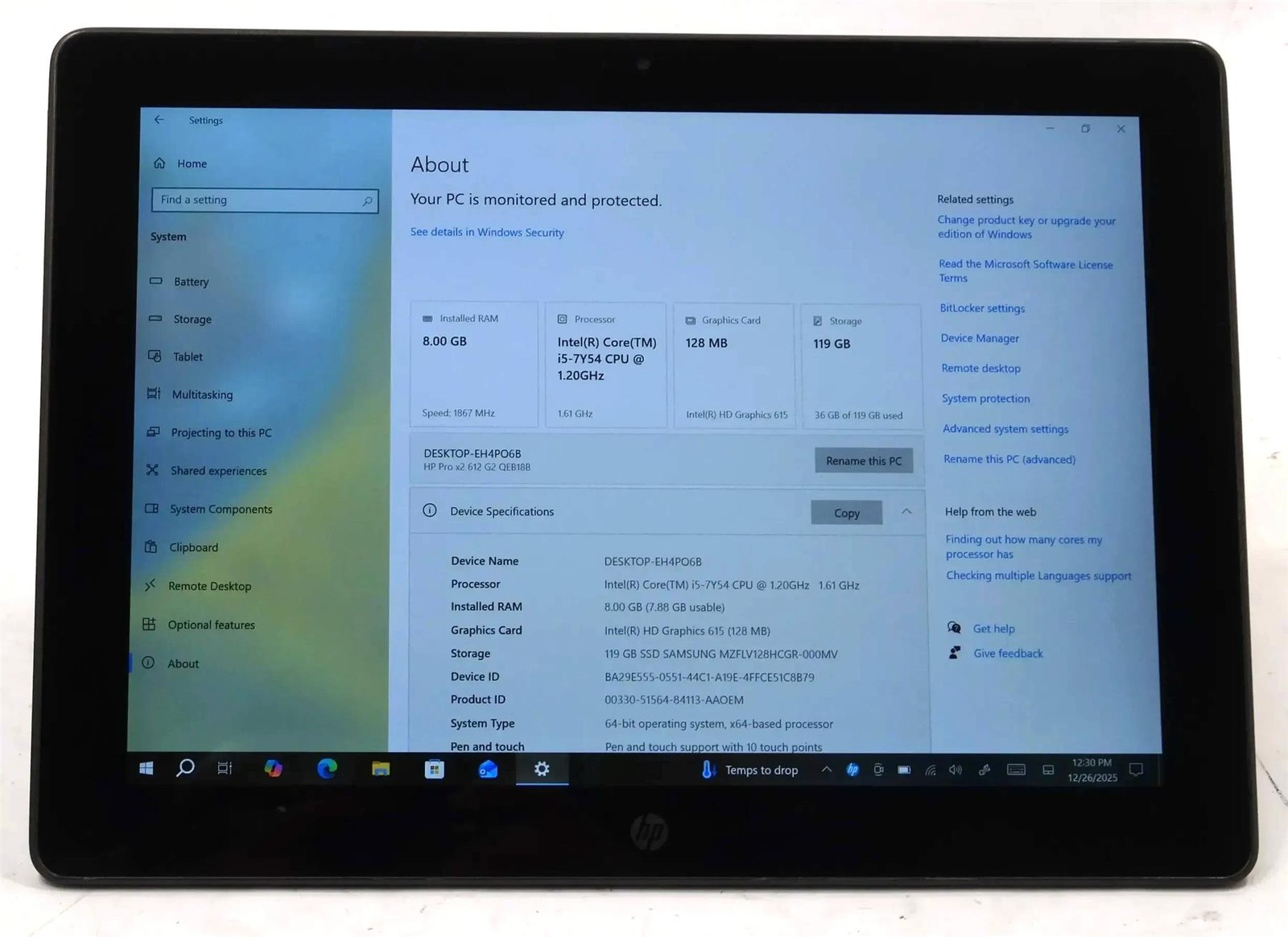 HP Pro X2 612 G2 Tablet Core i5-7Y54 1.20GHz 8GB 128GB SSD