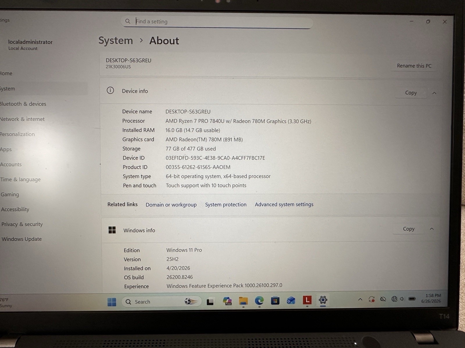 Lenovo ThinkPad T14 Gen 4 Ryzen 7 Pro 7840U 16GB/512GB Win 11 Pro
