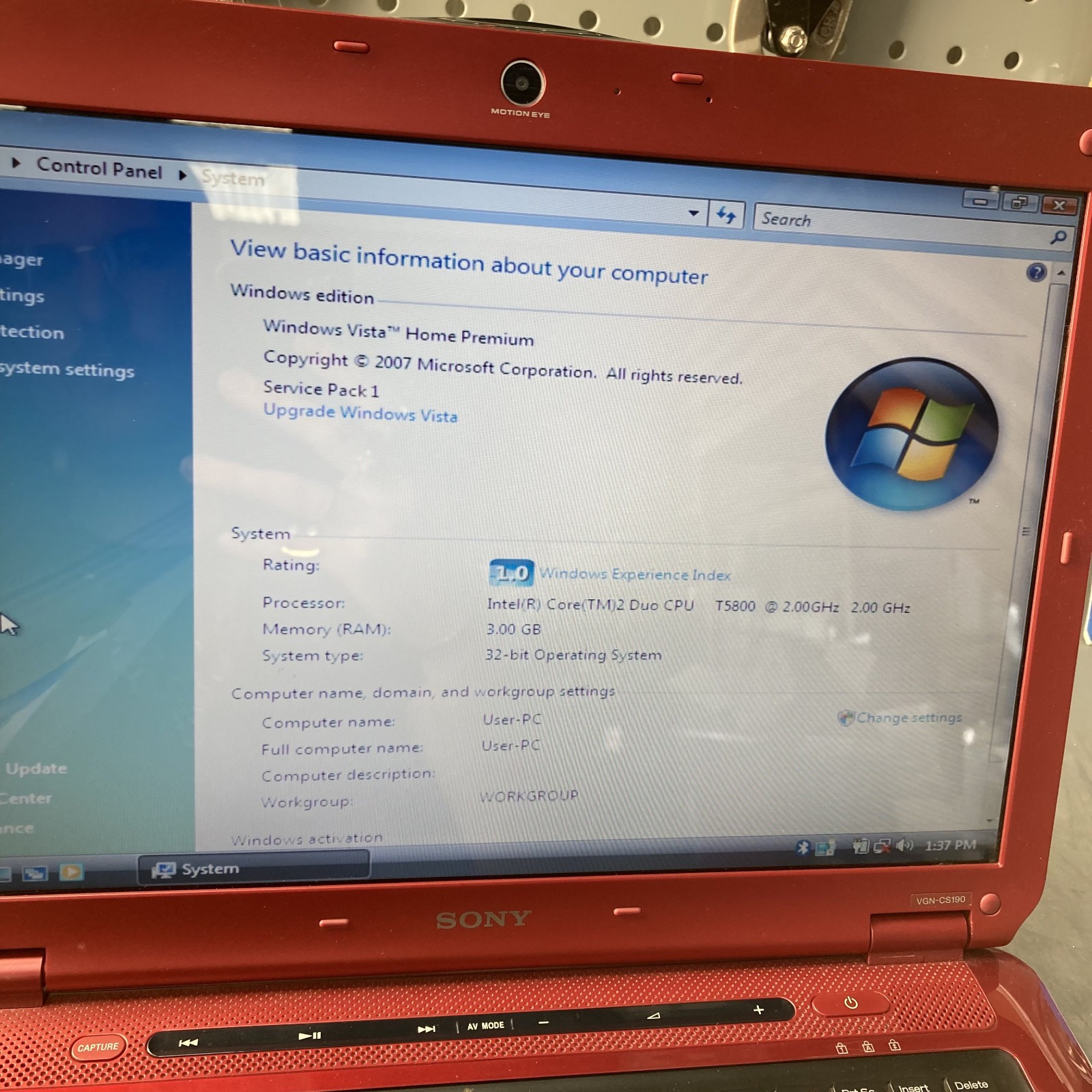 RED Sony Vaio VGN-CS190 14.1″ Laptop Core 2 Duo 2GHz 3GB RAM 250GB HDD Vista