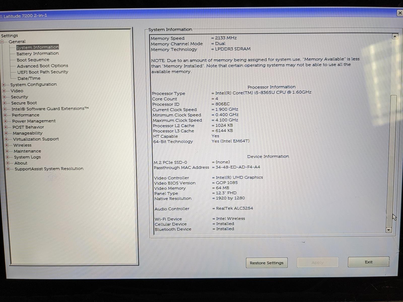 DELL LATITUDE 7200 2-IN-1 i5-8365U @ 1.60GHz, 8GB RAM, NO HDD/OS – (FOR PARTS)