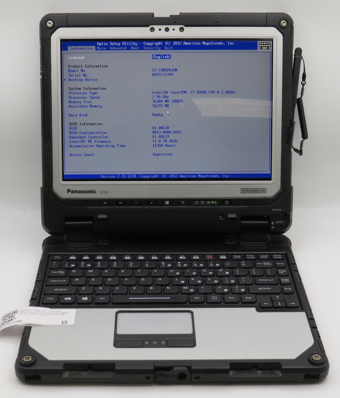 Panasonic CF-33 Toughbook i7-7600U@2.8 | 16/256GB SSD | 12″ Touch | No OS/AC