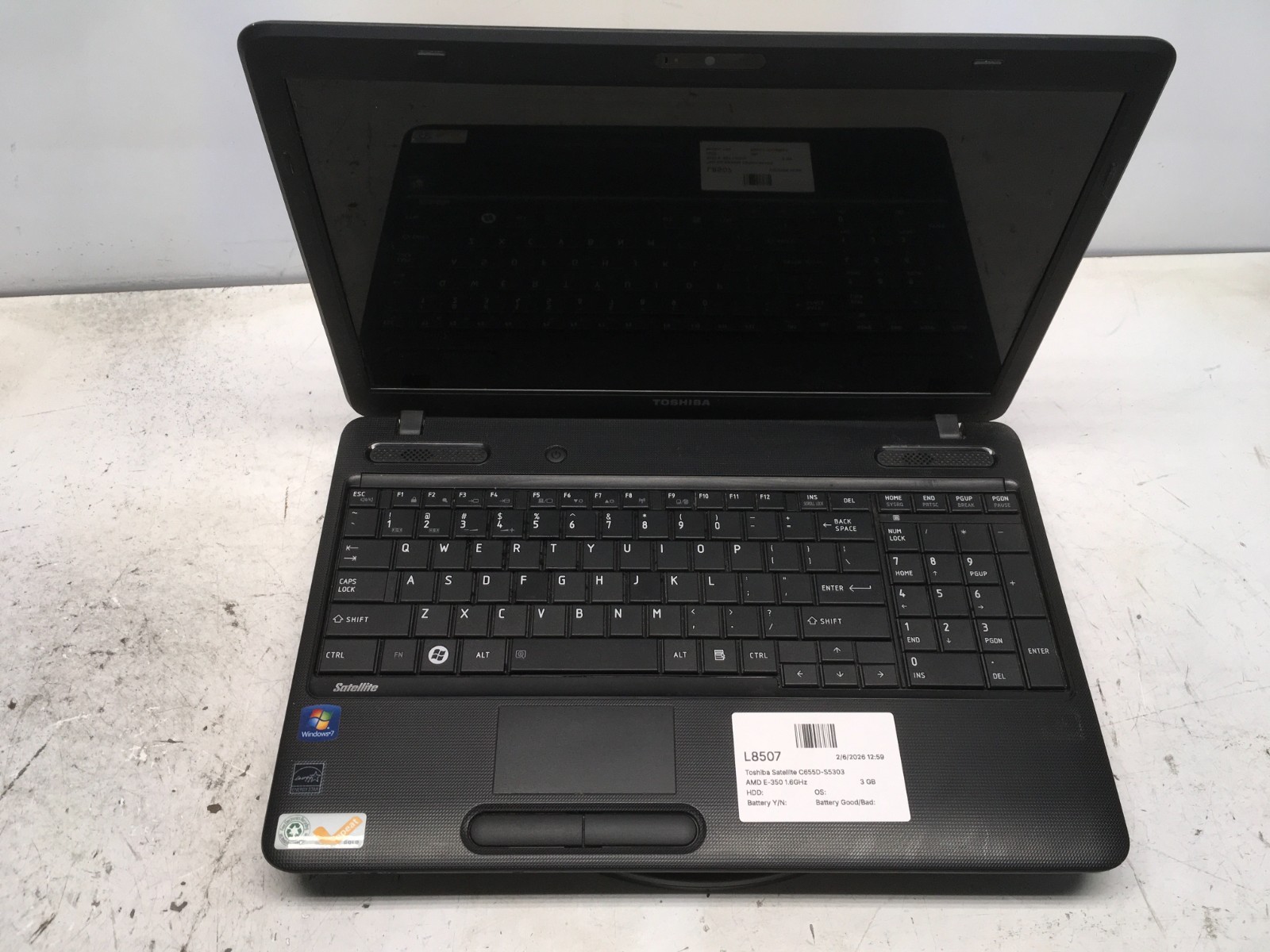 Toshiba Satellite C655D-S5303 AMD E-350 1.6GHz 3 GB NO HDD