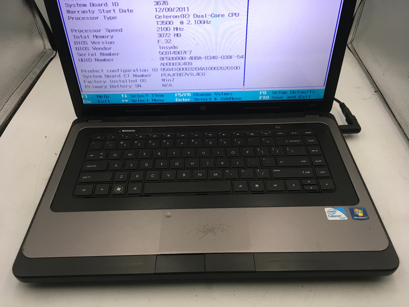 HP 2000 299WM – BOOTS TO BIOS – INTEL CELERON T3500 – 3GB RAM – 15″ – READ – BB!