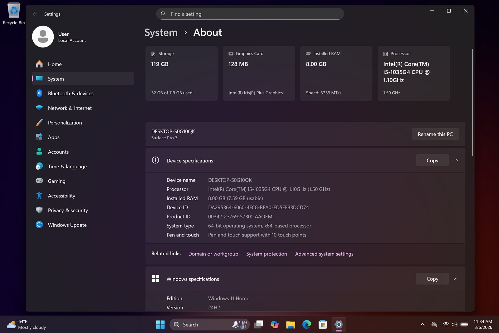 Microsoft Surface Pro 7 i5-1035G4 8GB RAM 128GB SSD 12.3″ Windows 11 Home