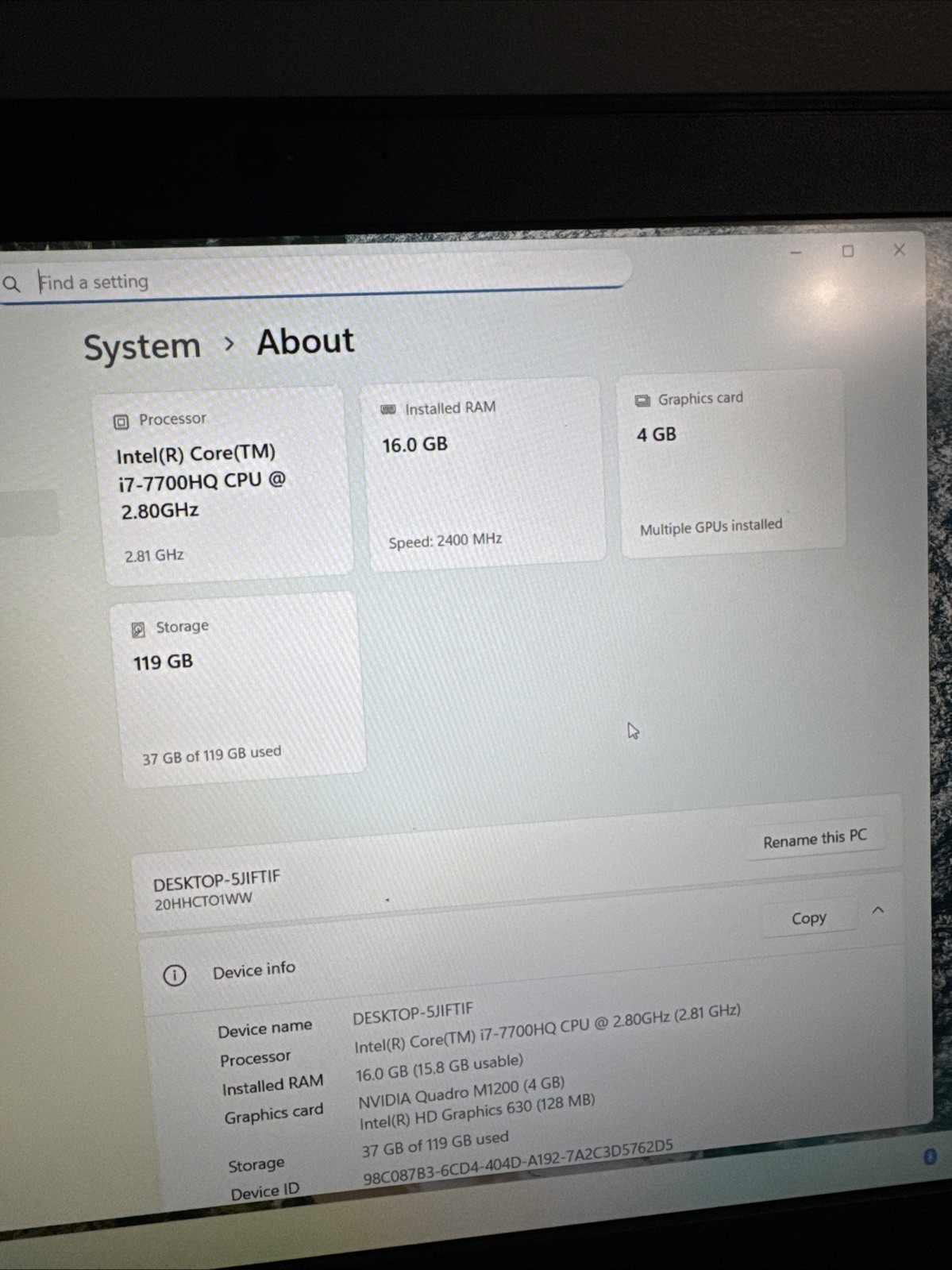 Lenovo ThinkPad P51 Core i7-7700HQ 16GB Ram/120gb SSD Windows 11 BAD BATTERY