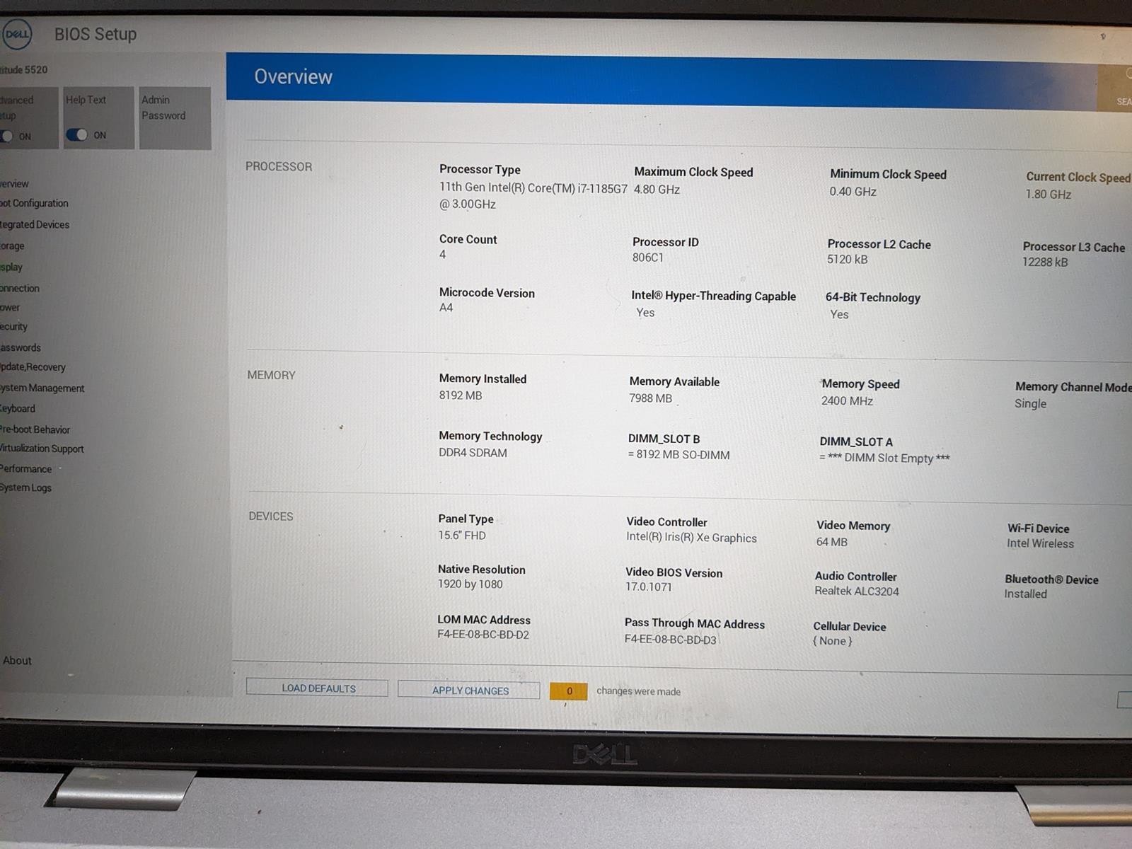 DELL LATITUDE 5520 i7-1185G7 @ 3.0GHz, 8GB RAM, NO HDD/OS
