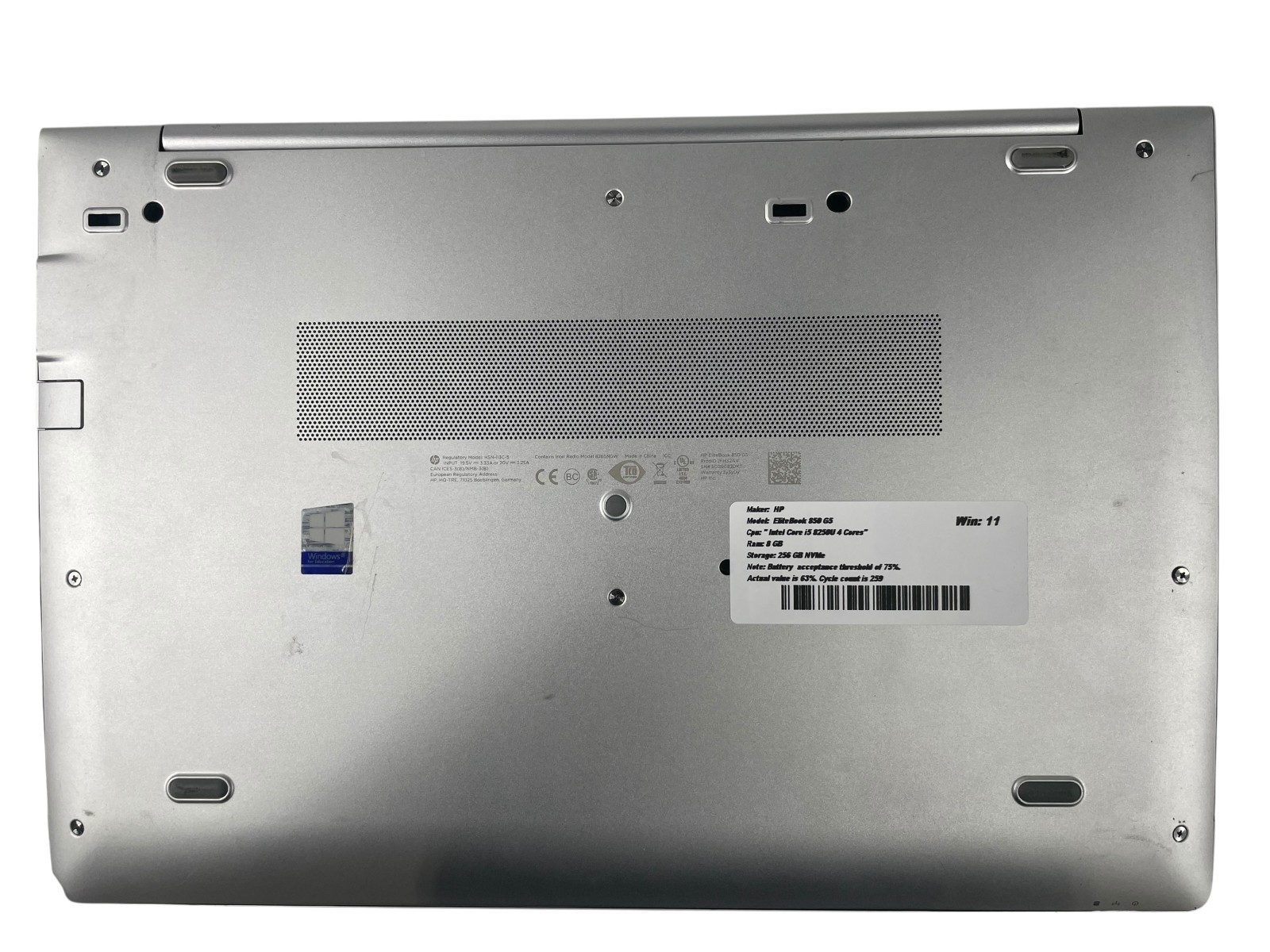 HP EliteBook 850 G5 Intel Core i5 8250U 4 Cores 8 GB 256 GB NVMe Win. 11