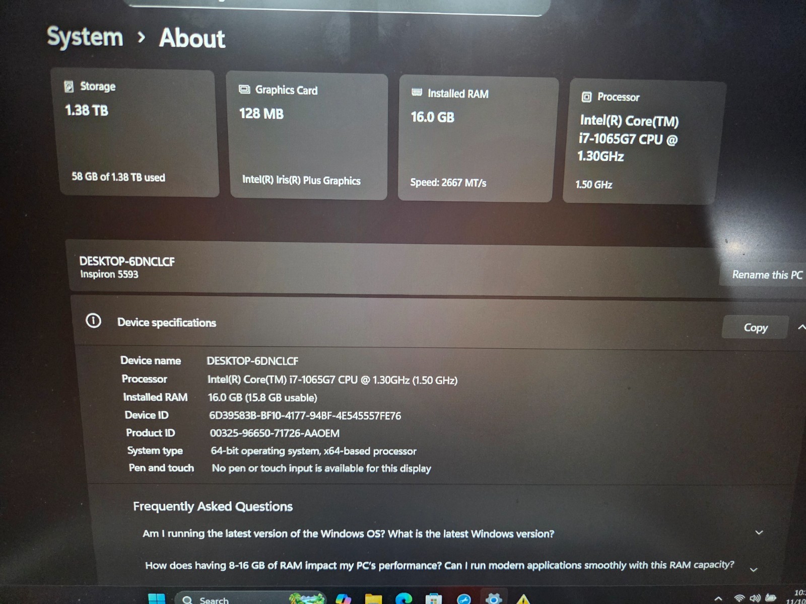 Dell Inspiron 5593 i7-1065G7 1.3Ghz 16GB RAM 512GB Win 11 With Charger + 1TB HD