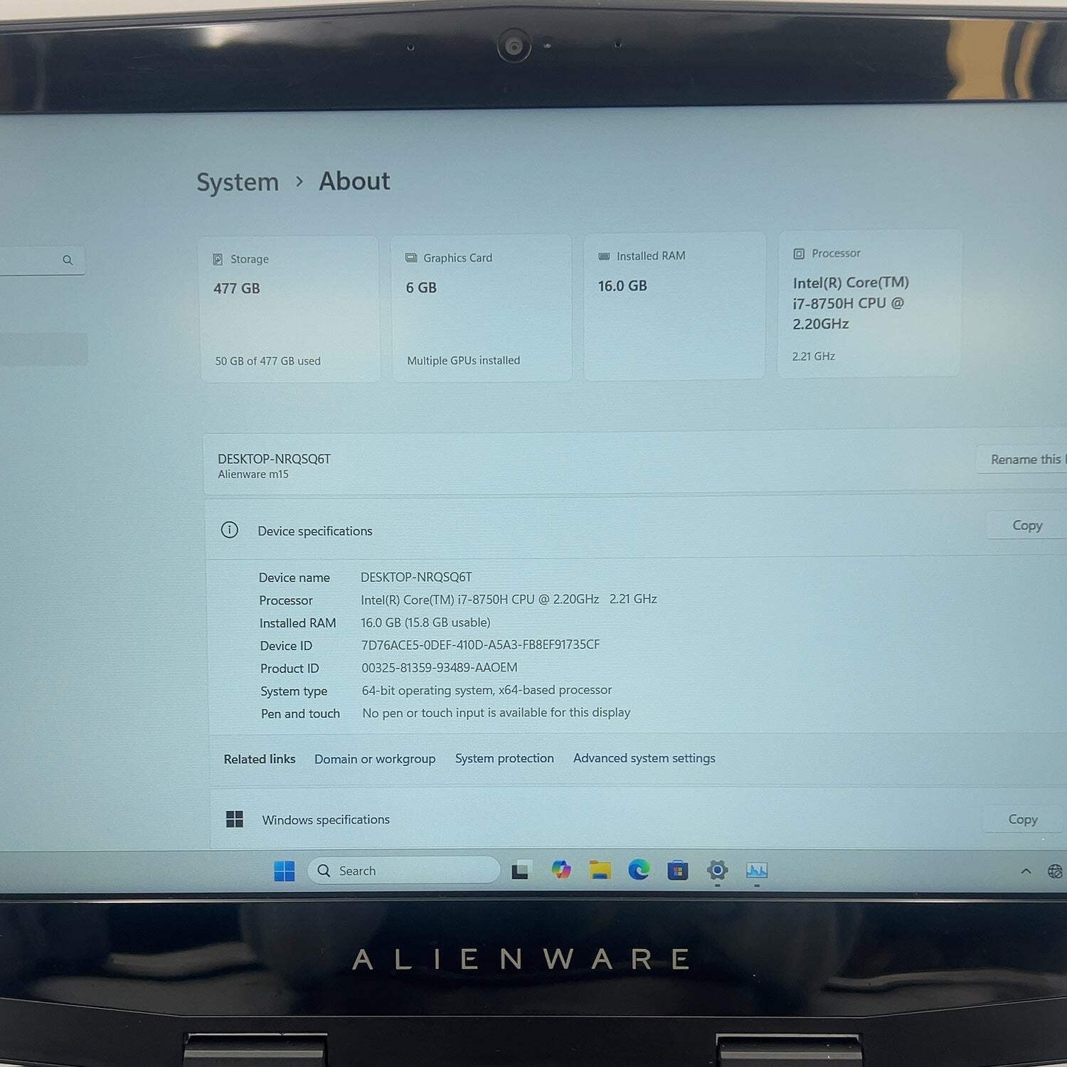 Alienware M15 15.6″ i7-8750H 2.2GHz 16GB RAM 512GB SSD GeForce RTX 2060