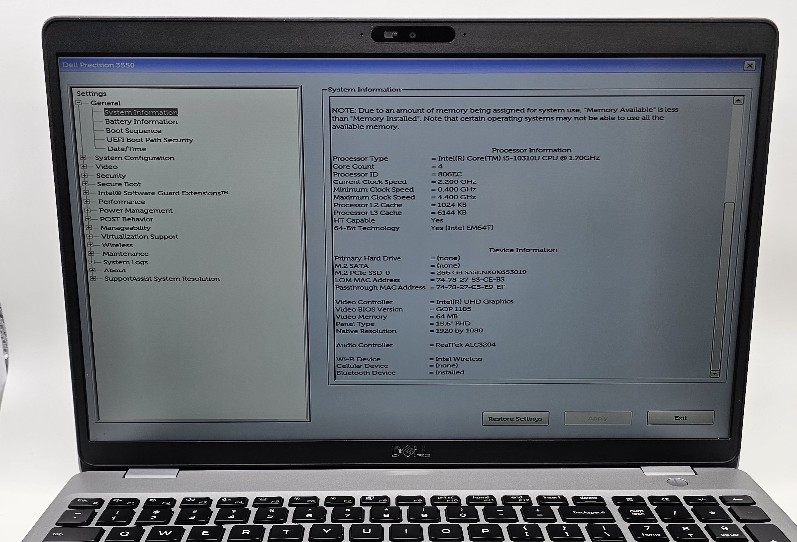 Dell Precision 3550 | i5-10310U | 1TB NVME | 16GB RAM | Windows 11 Pro