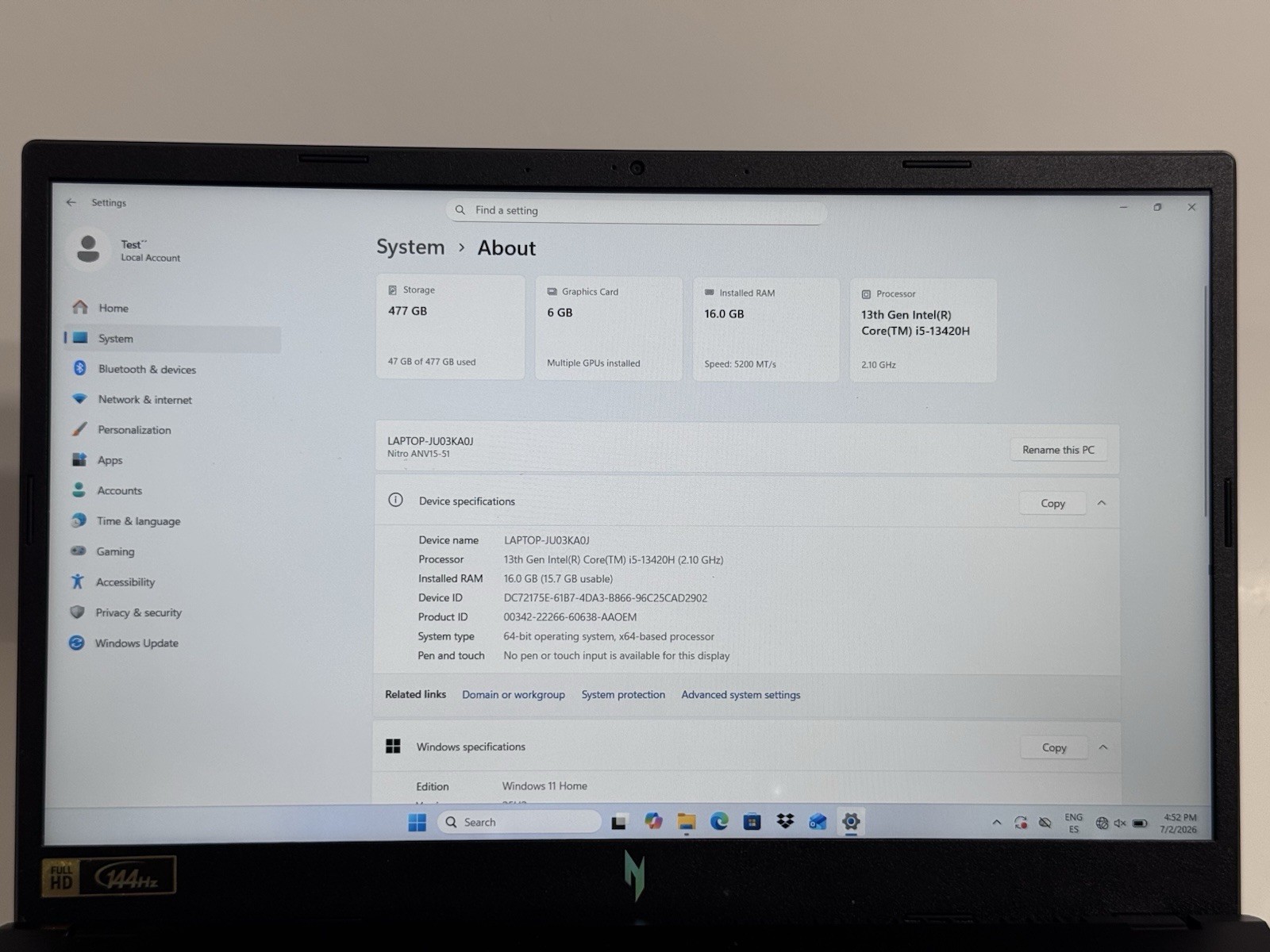 Acer Nitro V 15 165Hz FHD i5-13420H 16GB 512GB SSD RTX 4050 READ