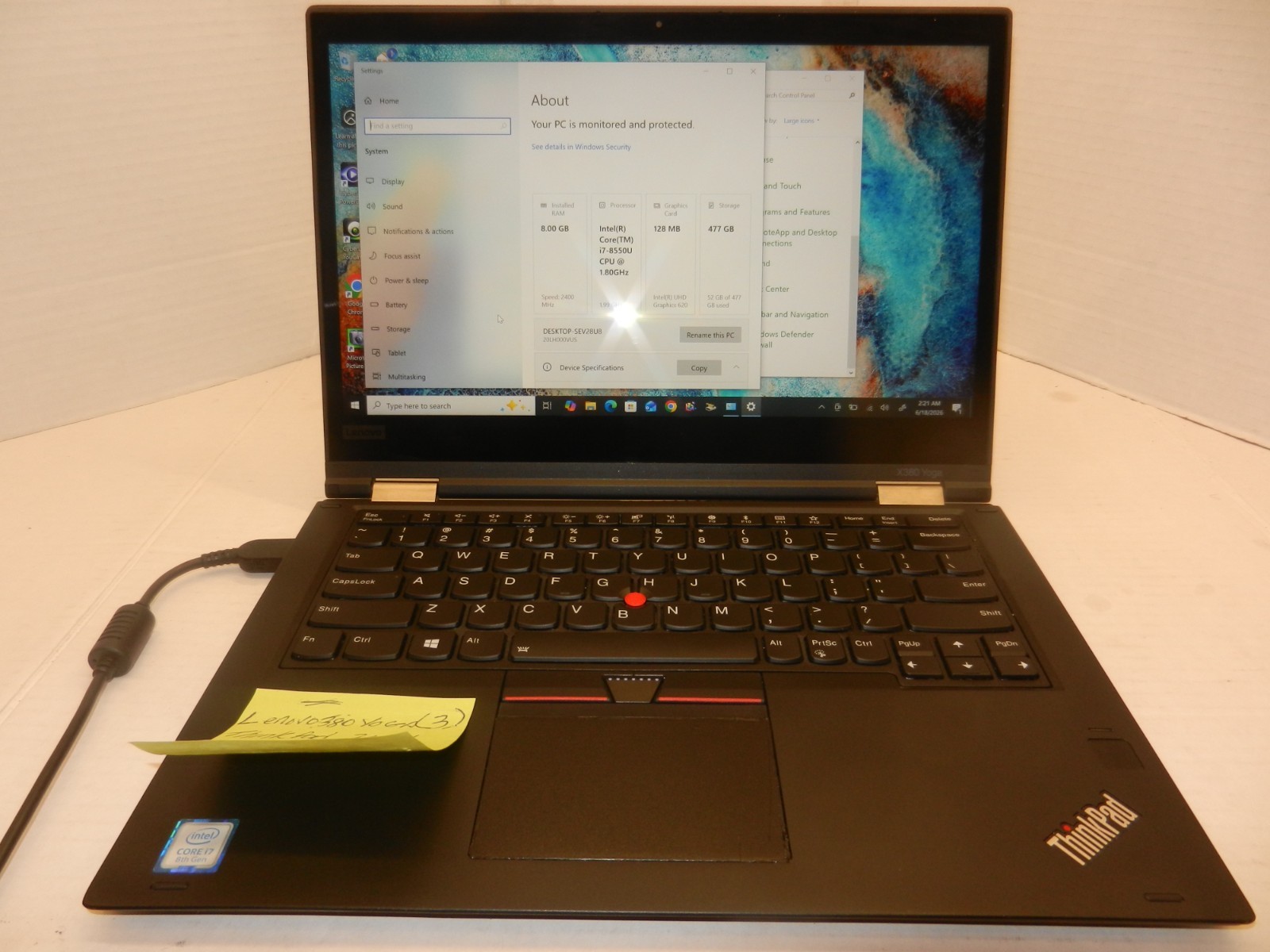 LENOVO 380 THINKPAD YOGA 20LH 14″ CORE I7-8550U 1.8GHz 8GB RAM 512GB SSD WIN 10