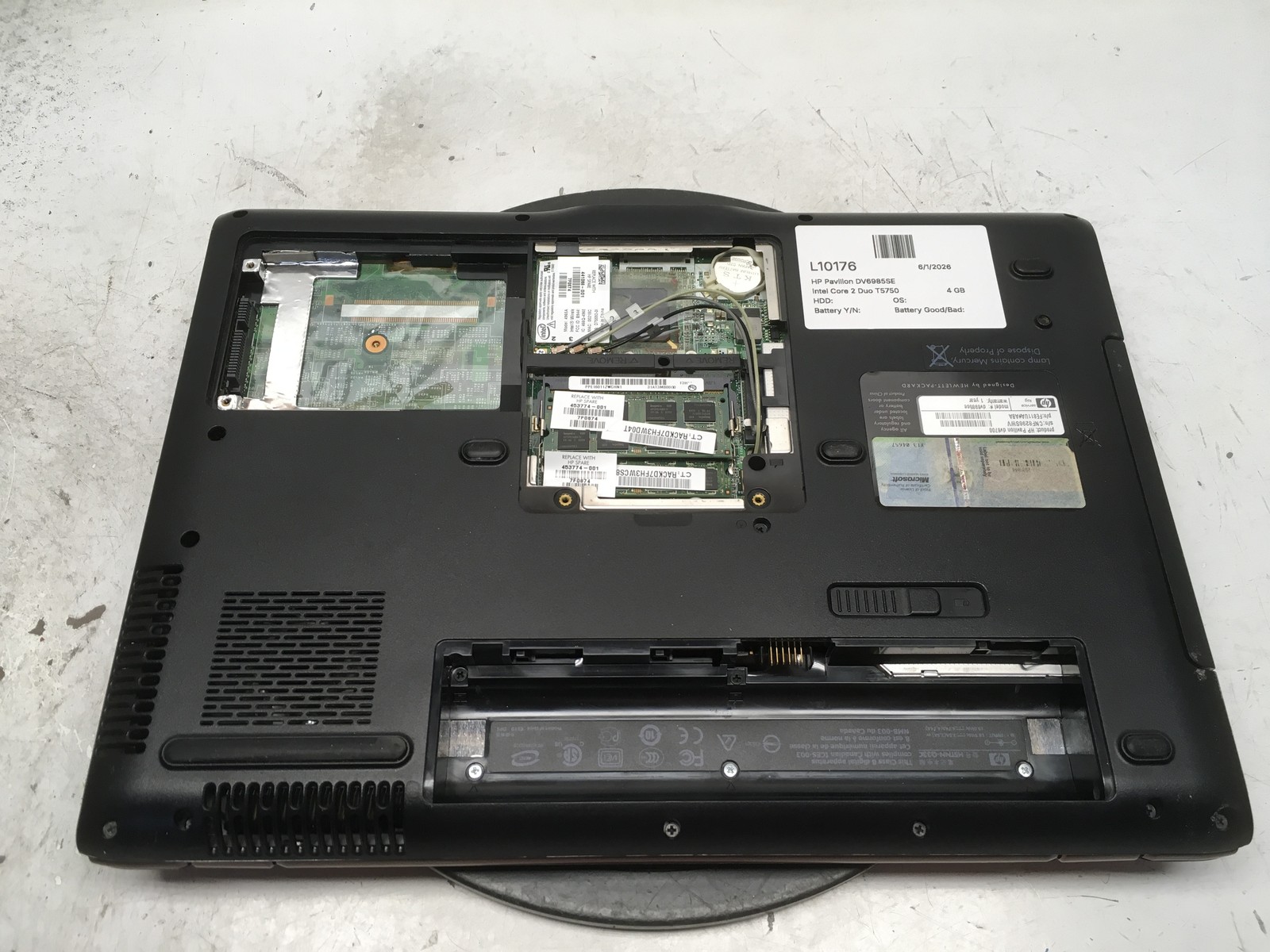 HP Pavilion DV6985SE Intel Core 2 Duo T5750 2000MHz 4 GB NO HDD No Batt