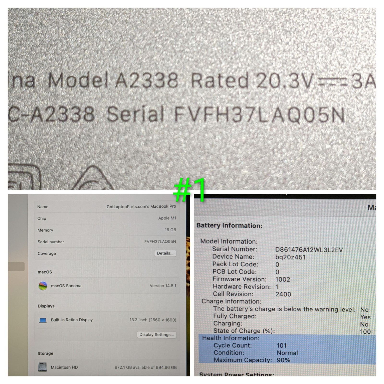 Apple MacBook Pro A2338 (2020) 13.3″ M1 8CPU/8GPU 3.2GHz 16GB 1TB MYDA2LL/A +PA