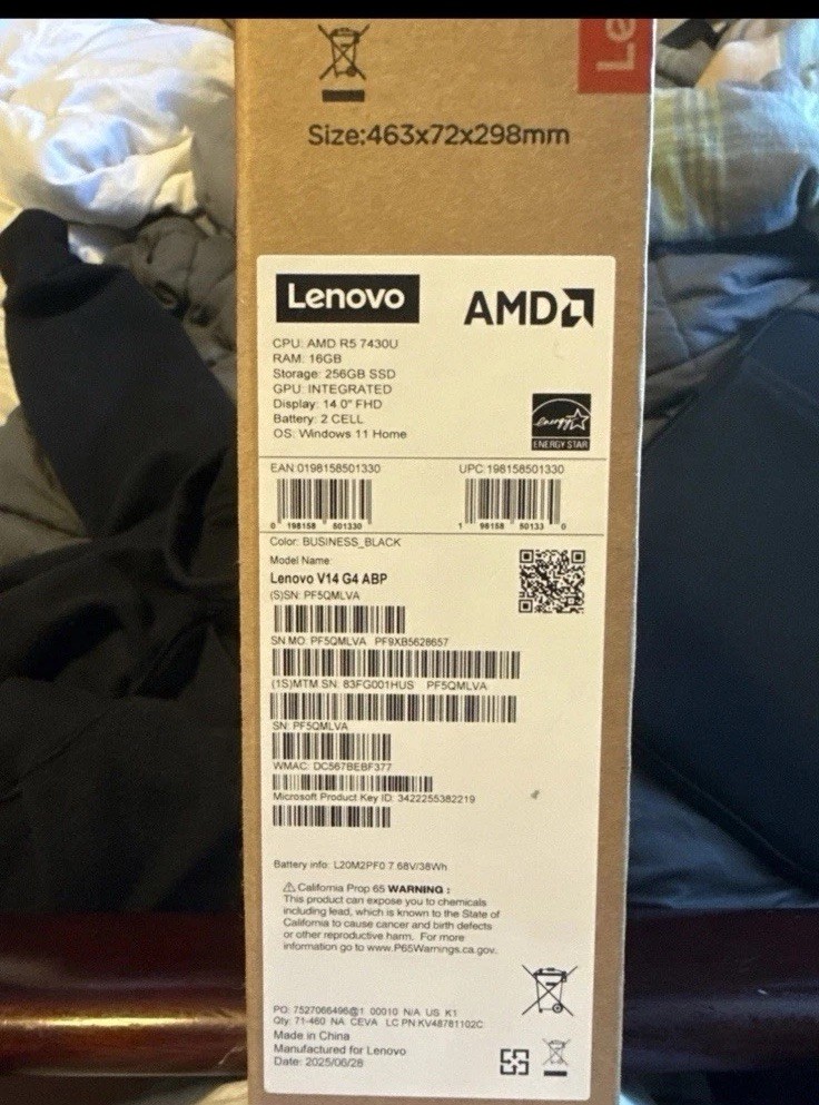 Lenovo V14 G4 14 FHD TN 2025 Laptop AMD Ryzen 7 7430U 16GB RAM 256GB SSD Black