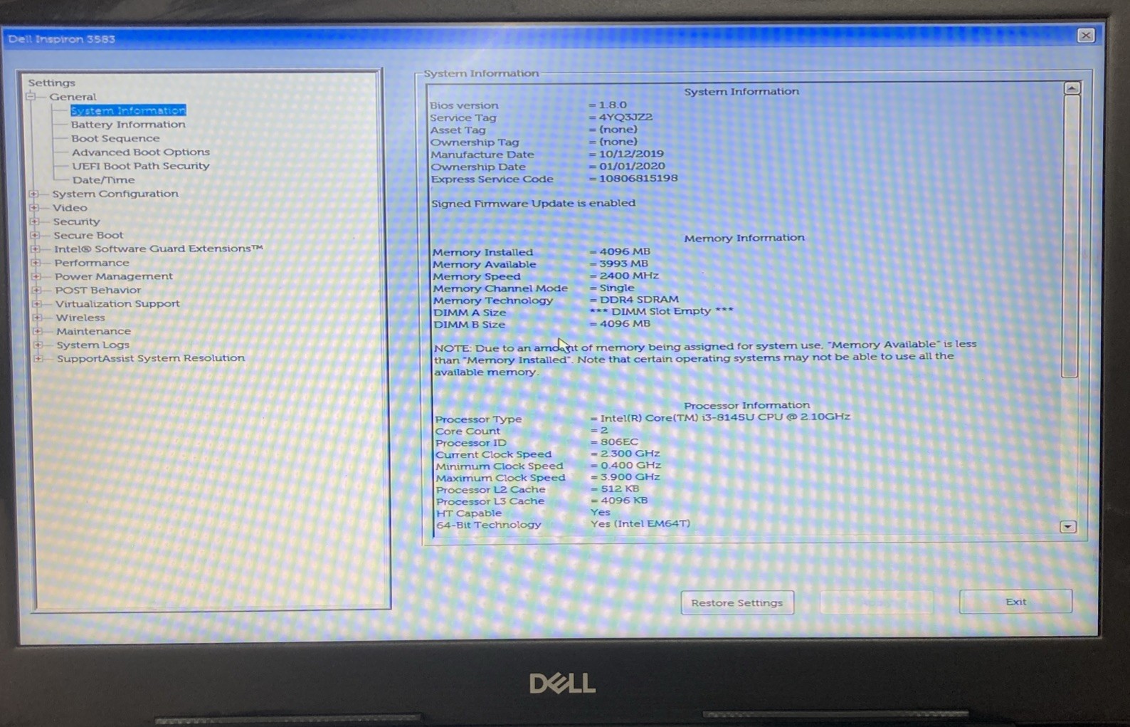 Dell Inspiron 3583 Intel Core i3-8145U no RAM No HDD Boot to BIOS
