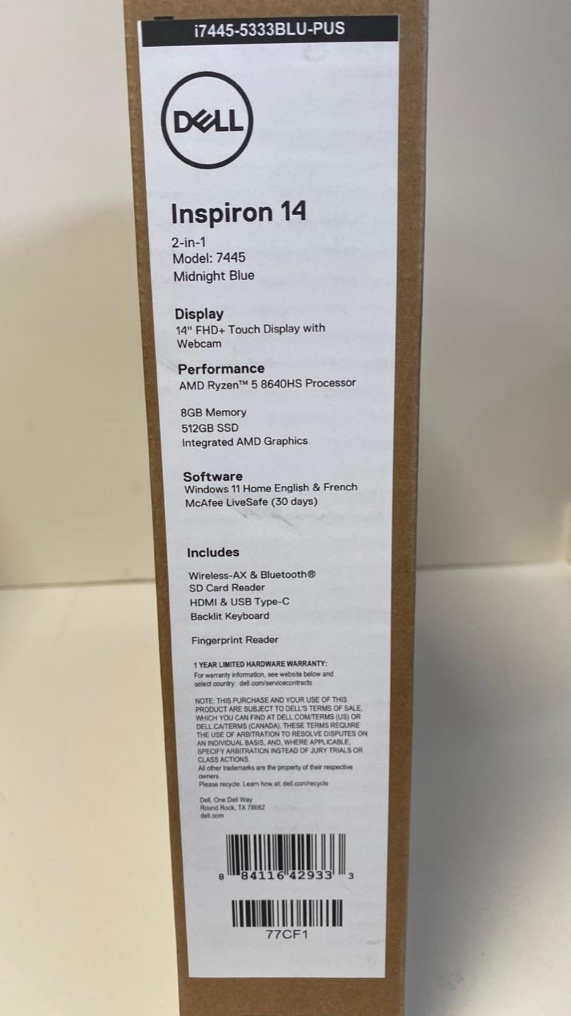 Dell Inspiron 14 Model 7445 2 in 1 AMD Ryzen 5 8640 8GB 512GB SSD Midnight Blue