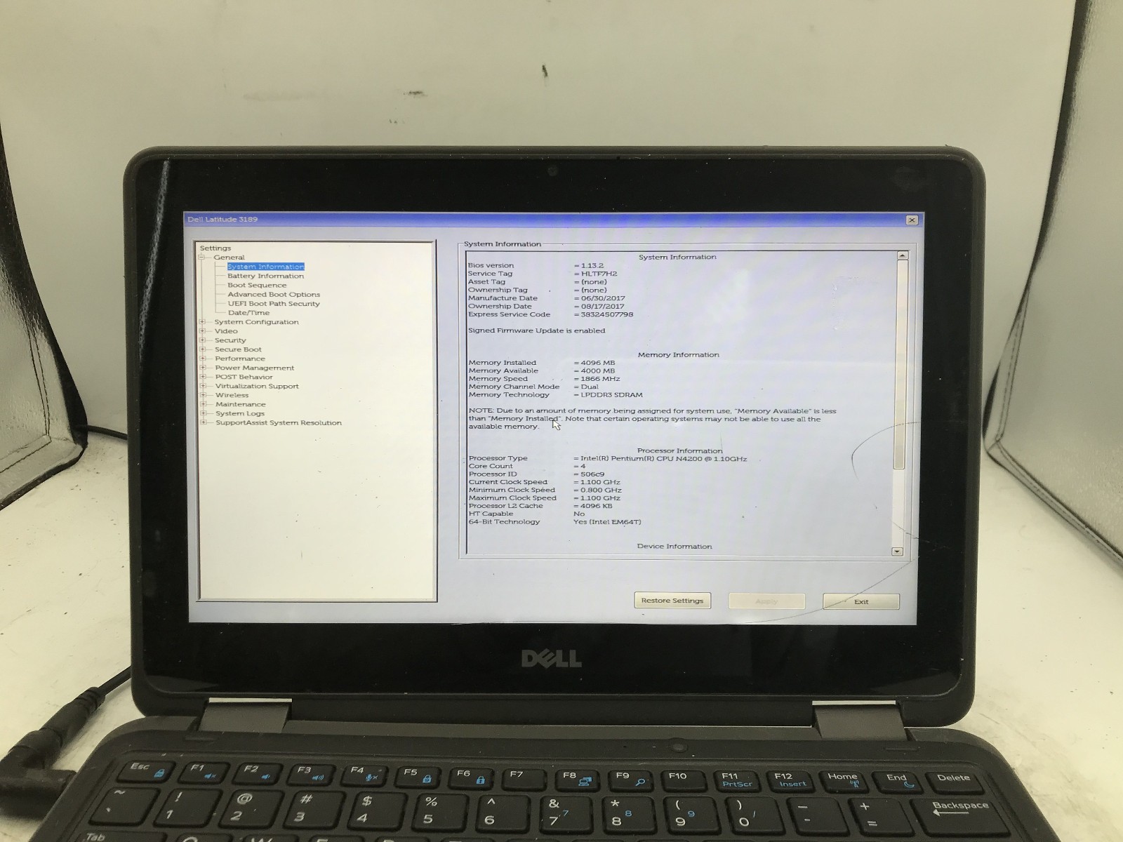DELL LATITUDE 3189 – BOOTS TO BIOS – INTEL PENTIUM N4200 – 4GB RAM -READ DESC-BB