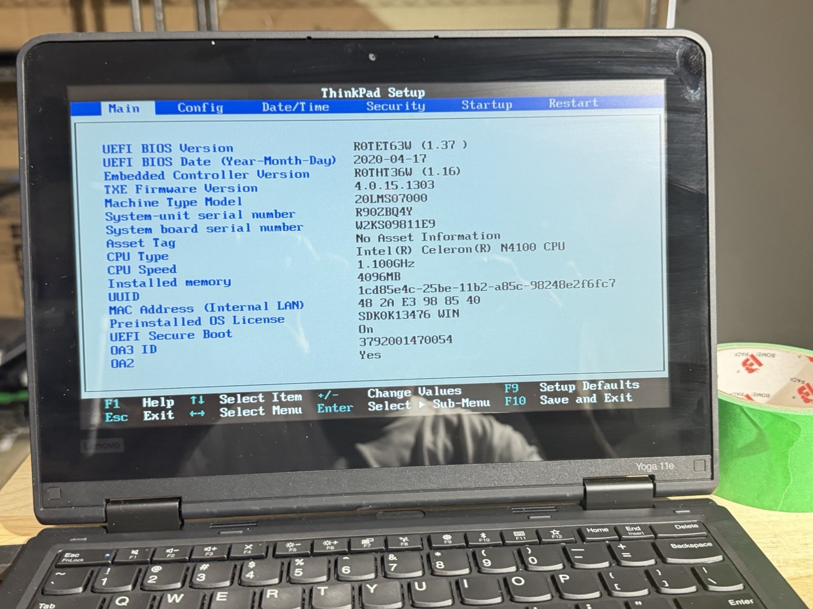 LENOVO THINKPAD YOGA 11E -BOOTS TO BIOS- INTEL CELERON N4100 – 4GB RAM -READ-