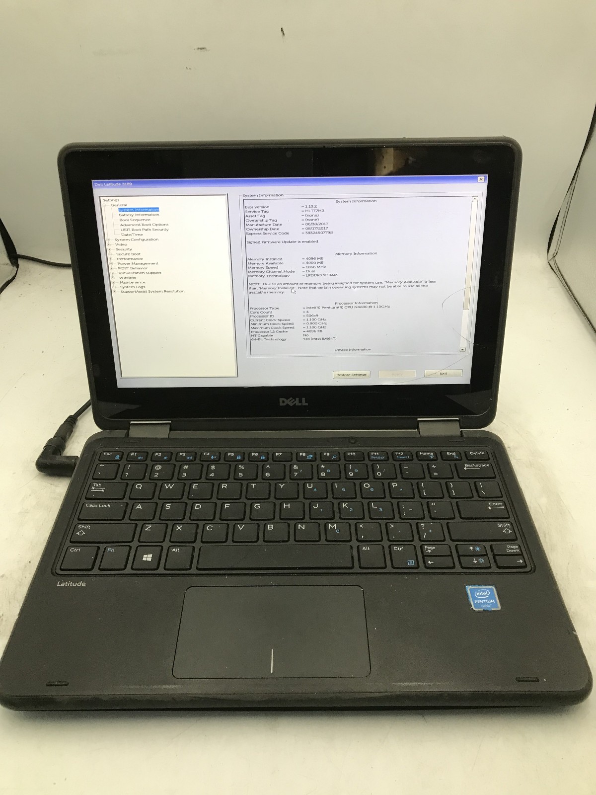DELL LATITUDE 3189 – BOOTS TO BIOS – INTEL PENTIUM N4200 – 4GB RAM -READ DESC-BB