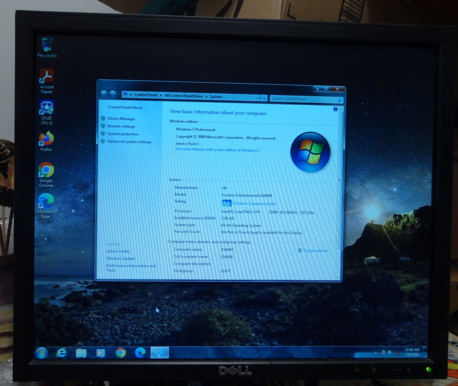 HP Pavilion dv6000 15″Laptop T5500 3GB Ram 500GB HDD Windows 7 Pro FOR REPAIR