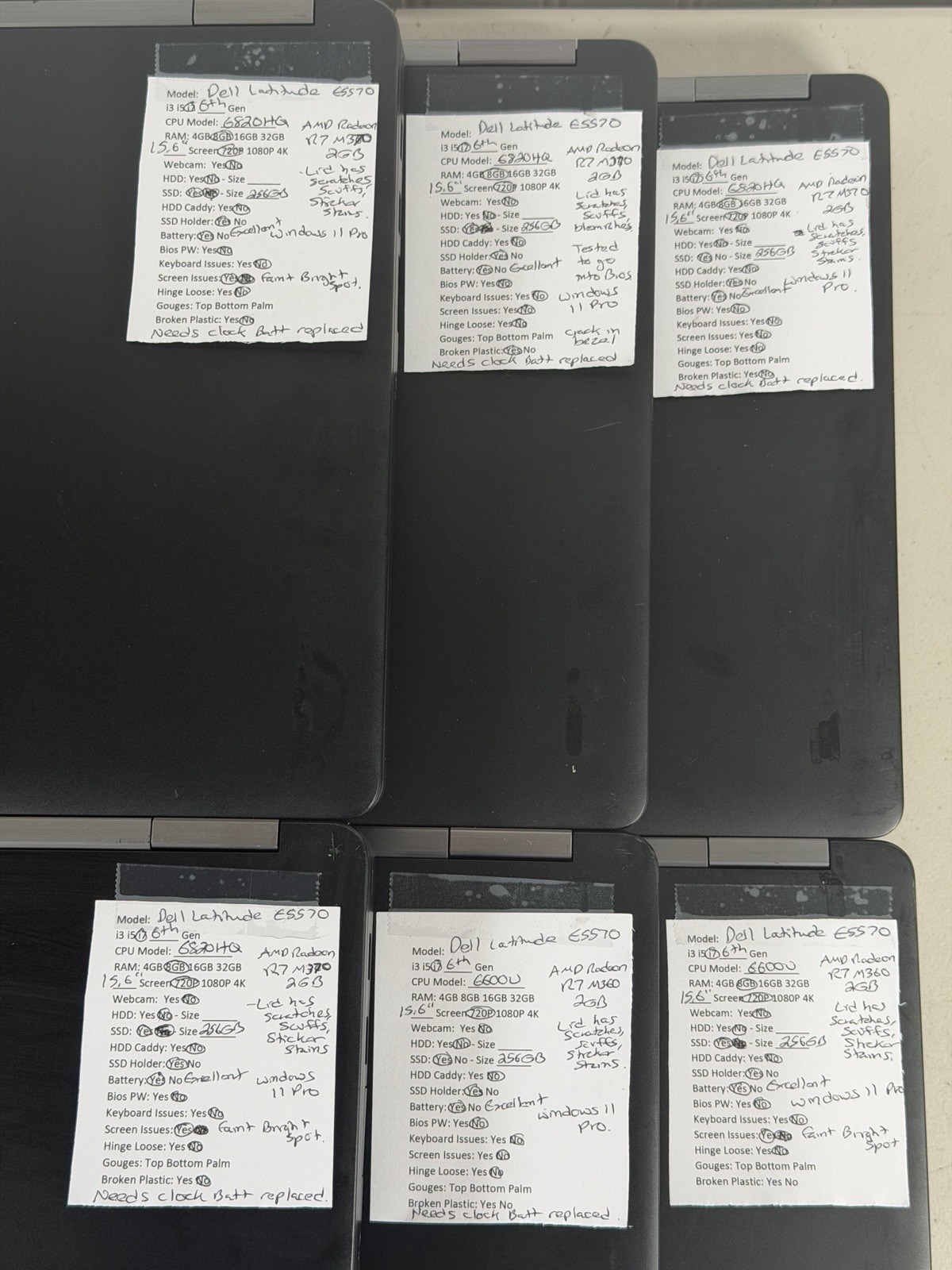 Lot of 6 Dell Latitude E5570 i7 8GB RAM 256GB SSD Radeon R7 Win11P No Chargers