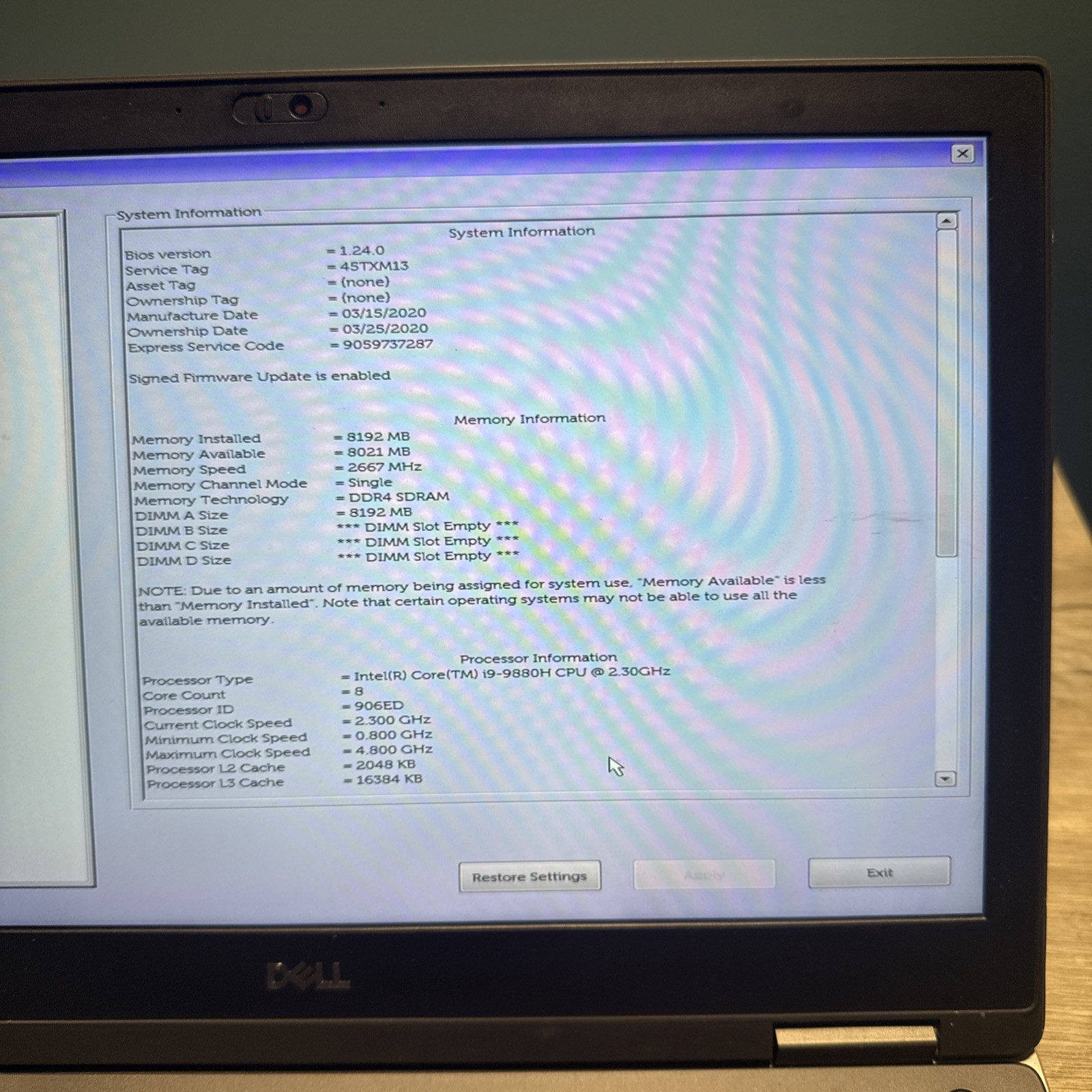 Dell Precision – 7540 Intel Core i9-9980H 2.40Ghz 8GB RAM – NO SSD *NVIDIA*