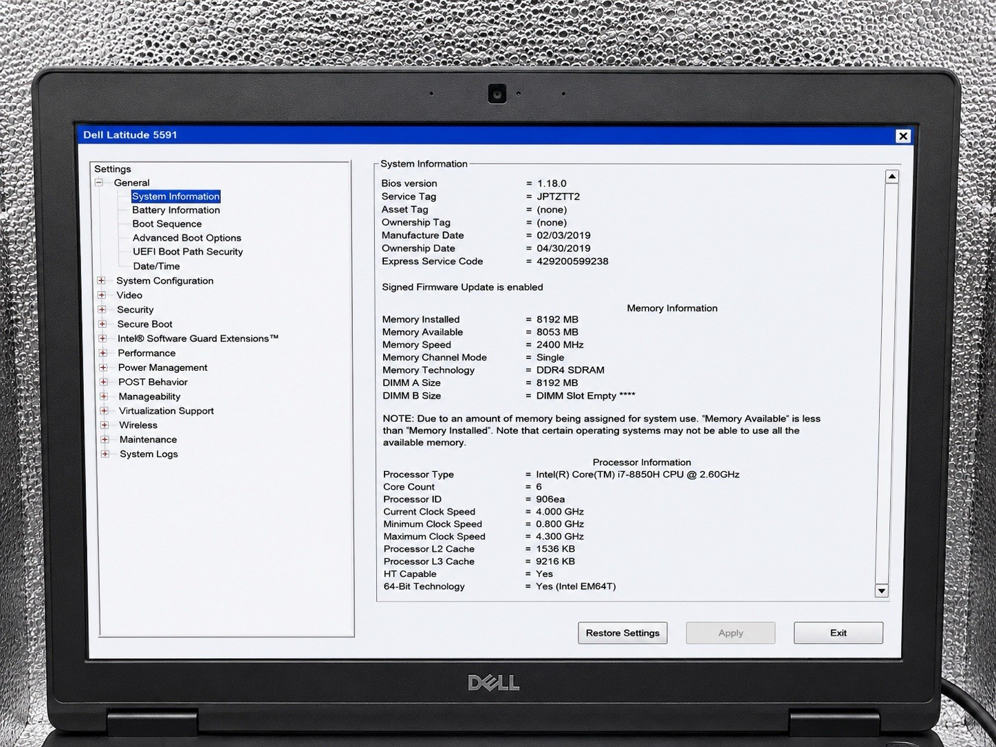 Dell Latitude 5591 i7-8850H 2.60GHz 8GB RAM 256GB SSD Windows 11 Pro Charger