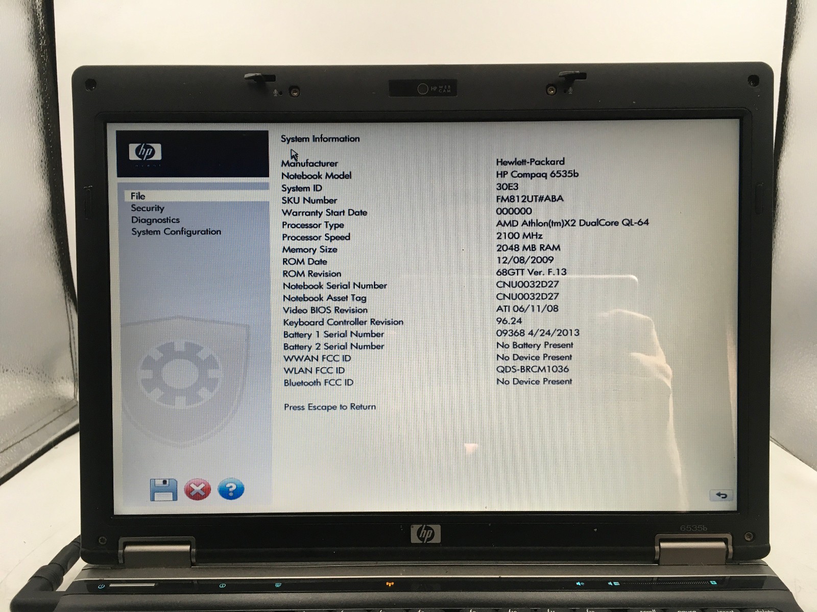 HP COMPAQ 6535B – BOOTS TO BIOS – AMD ATHLON X2 – 2GB RAM – NO OS – READ DESC-BB