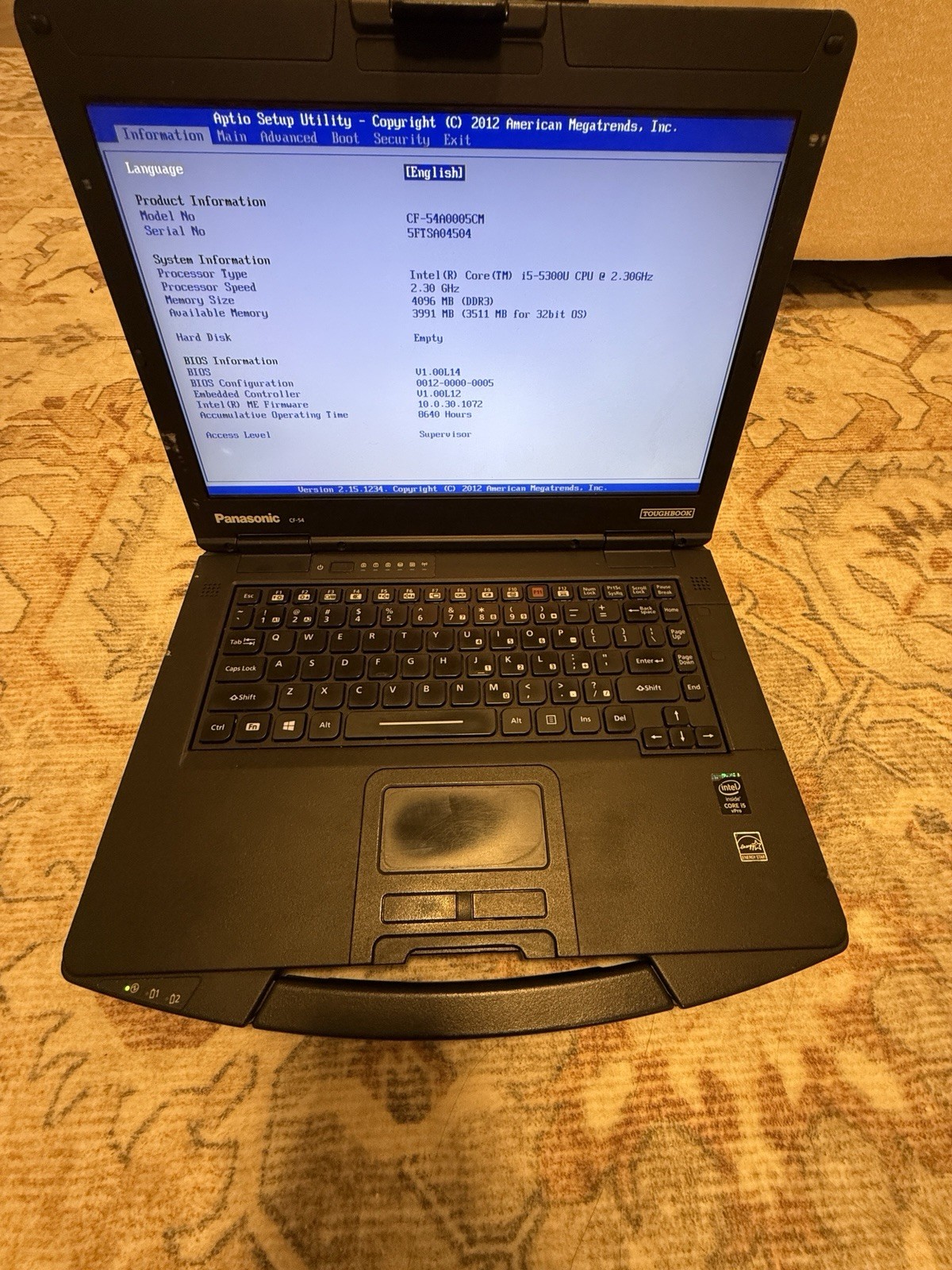 Panasonic Toughbook CF-54 Intel i5-5300U 4GB RAM BIOS Tested No HDD/SSD