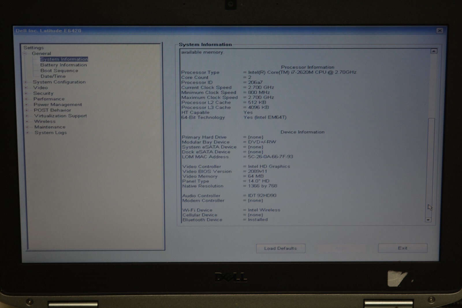 Dell Latitude E6420 14″ Intel i7-2620M 2.7GHz 8GB Ram No HD #W134