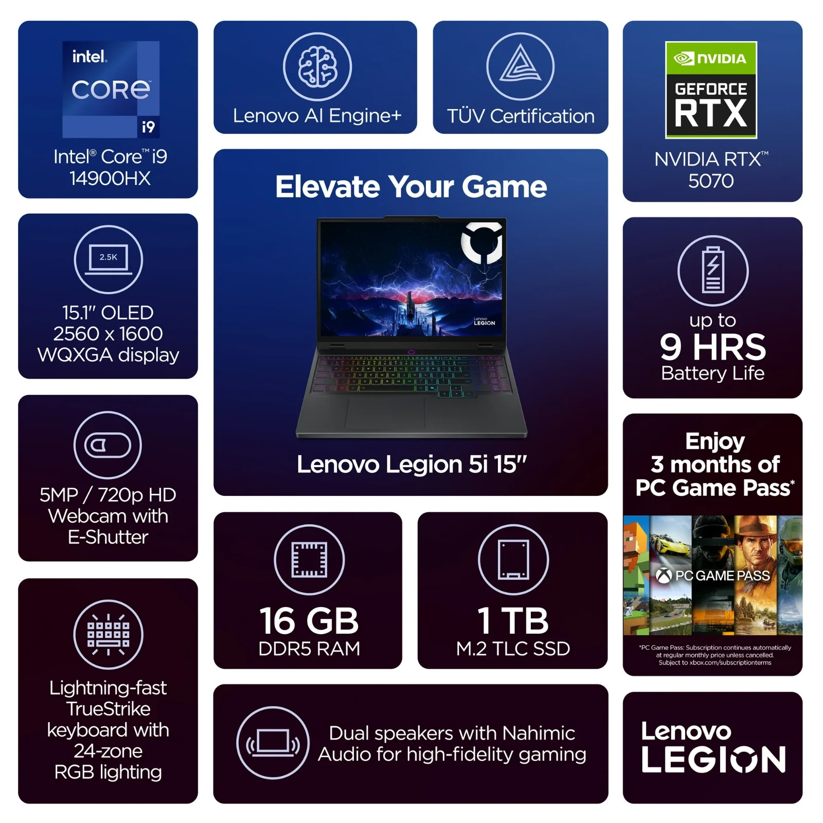 Lenovo Legion 5i 15.1″ OLED WQXGA Laptop Core i9 14900HX RTX 5070 16GB RAM 1TB