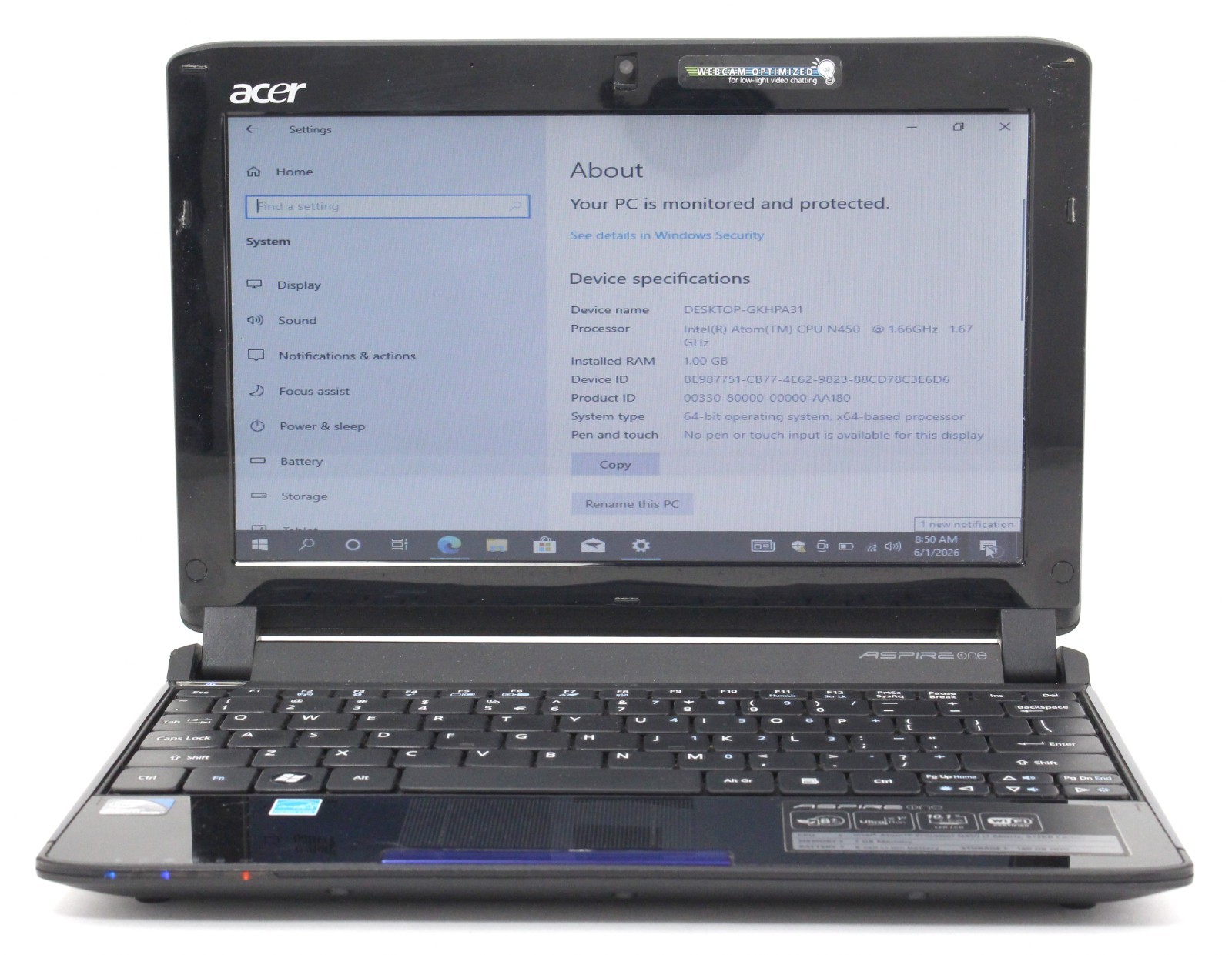 Acer ASPIRE ONE nav50 10″ 1.66 GHz Intel Atom 160GB HDD 1GB RAM win 10 ; 6181881