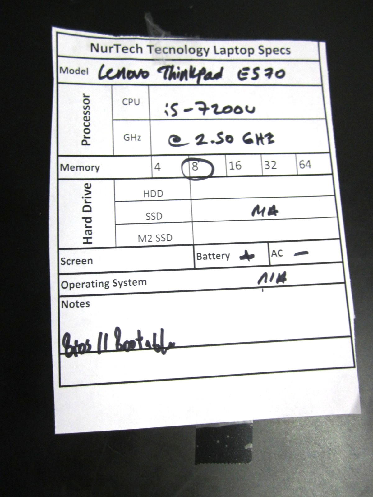 Lenovo ThinkPad E570 i5 7200U 2.50GHZ 8GB NO HDD/AC/OS LAPTOP BIOS
