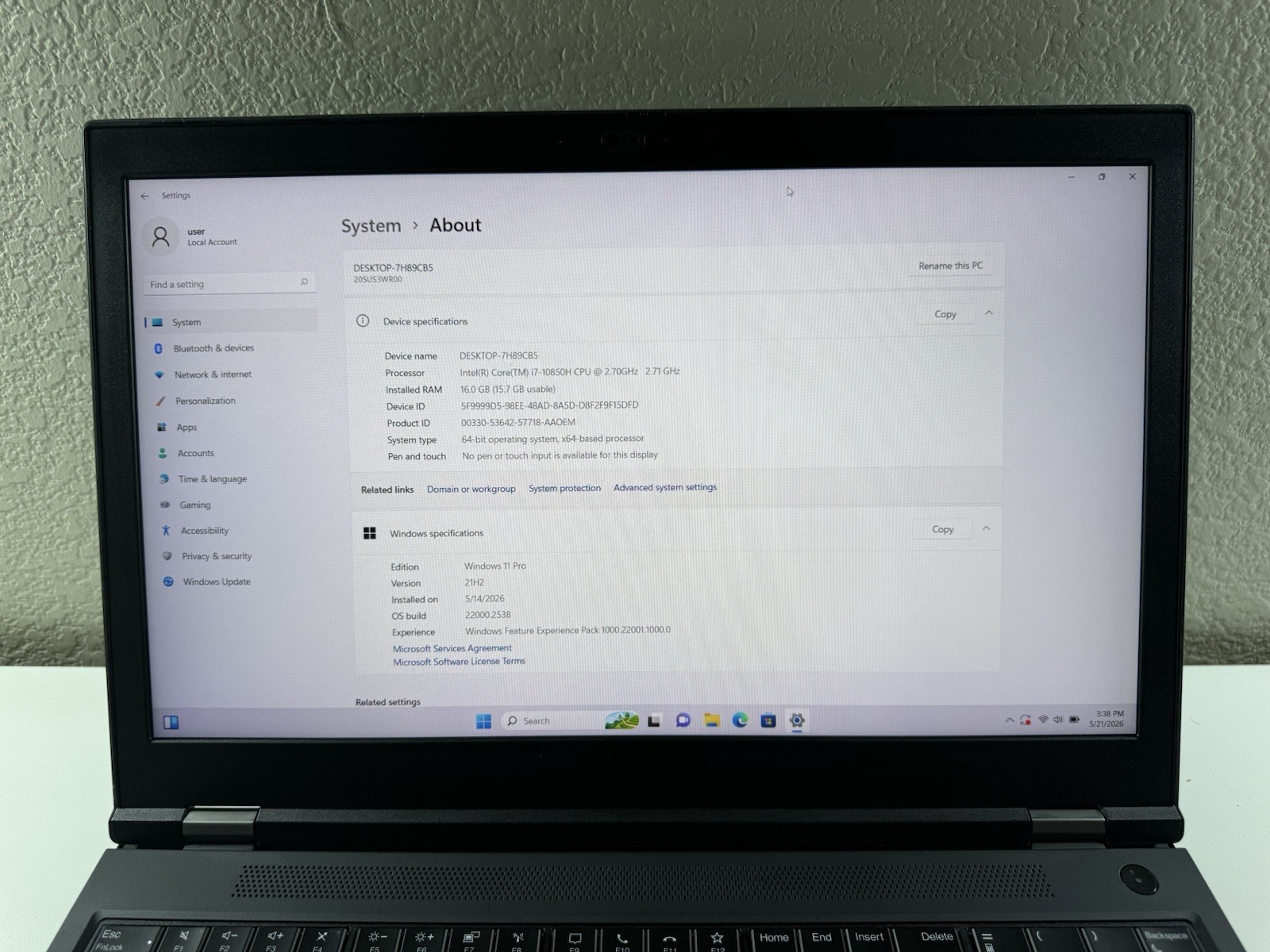 LENOVO THINKPAD P15 GEN 1 | CORE I7-10850H 256GB 16GB RAM WIN 11 NVIDIA T2000