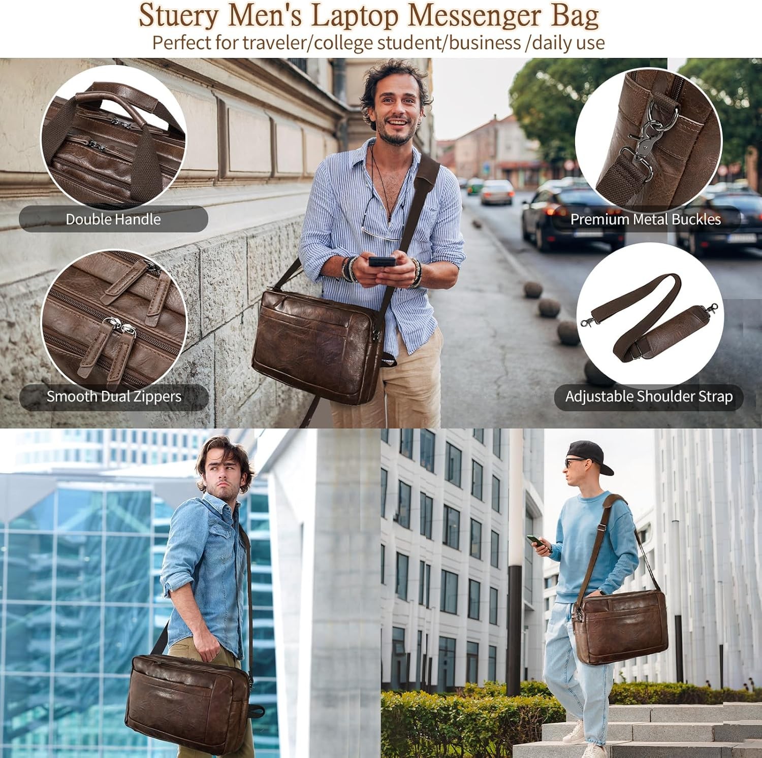 Faux Leather Messenger Bag for Men 17-17.3 Inch: Convertible 3 in 1 Backpack