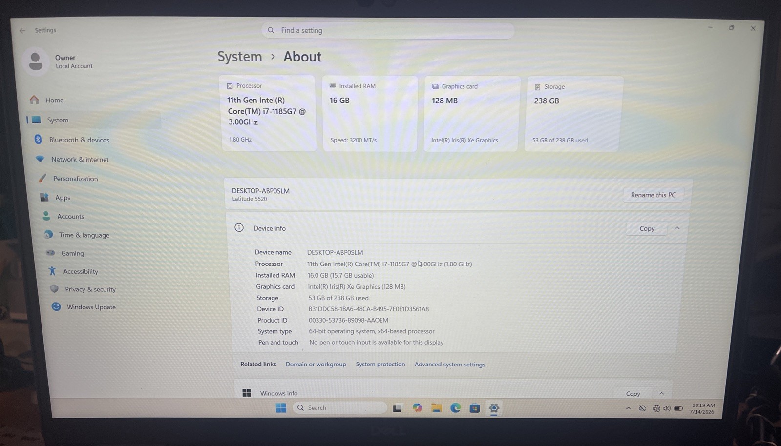 Dell Latitude 5520 15″ i7-1185G7@3.00GHz, 16GB RAM, 256GB M2, W11P *READ*