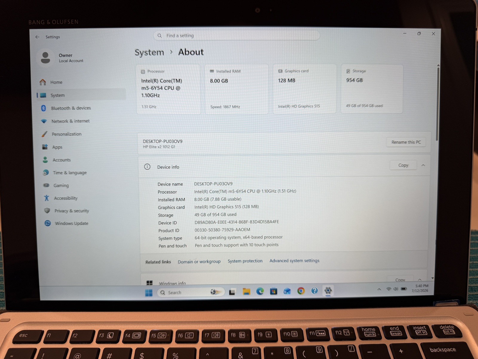 HP Elite x2 1012 G1, Intel Core m5-6Y54 @ 1.1GHz, 8GB RAM, 1TB SSD, Win 11 Pro