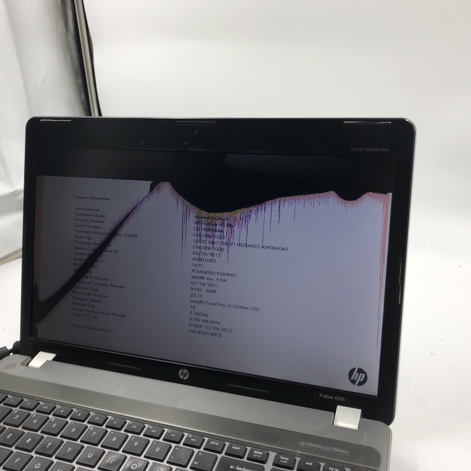 HP Probook 4530S Laptop Intel i3-2330M 2.2GHZ 8GB NO HDD/OS Cracked Screen