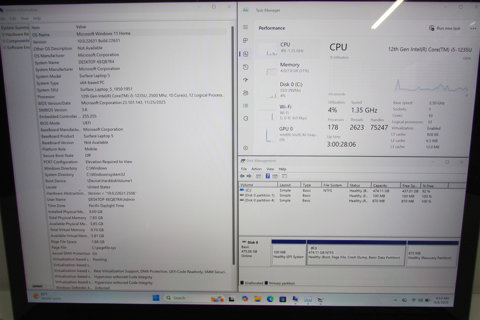 Microsoft Surface Laptop 5 1951 i5-1235U 2.5GHz 8GB RAM 512GB 13.5″ Win 10 Home