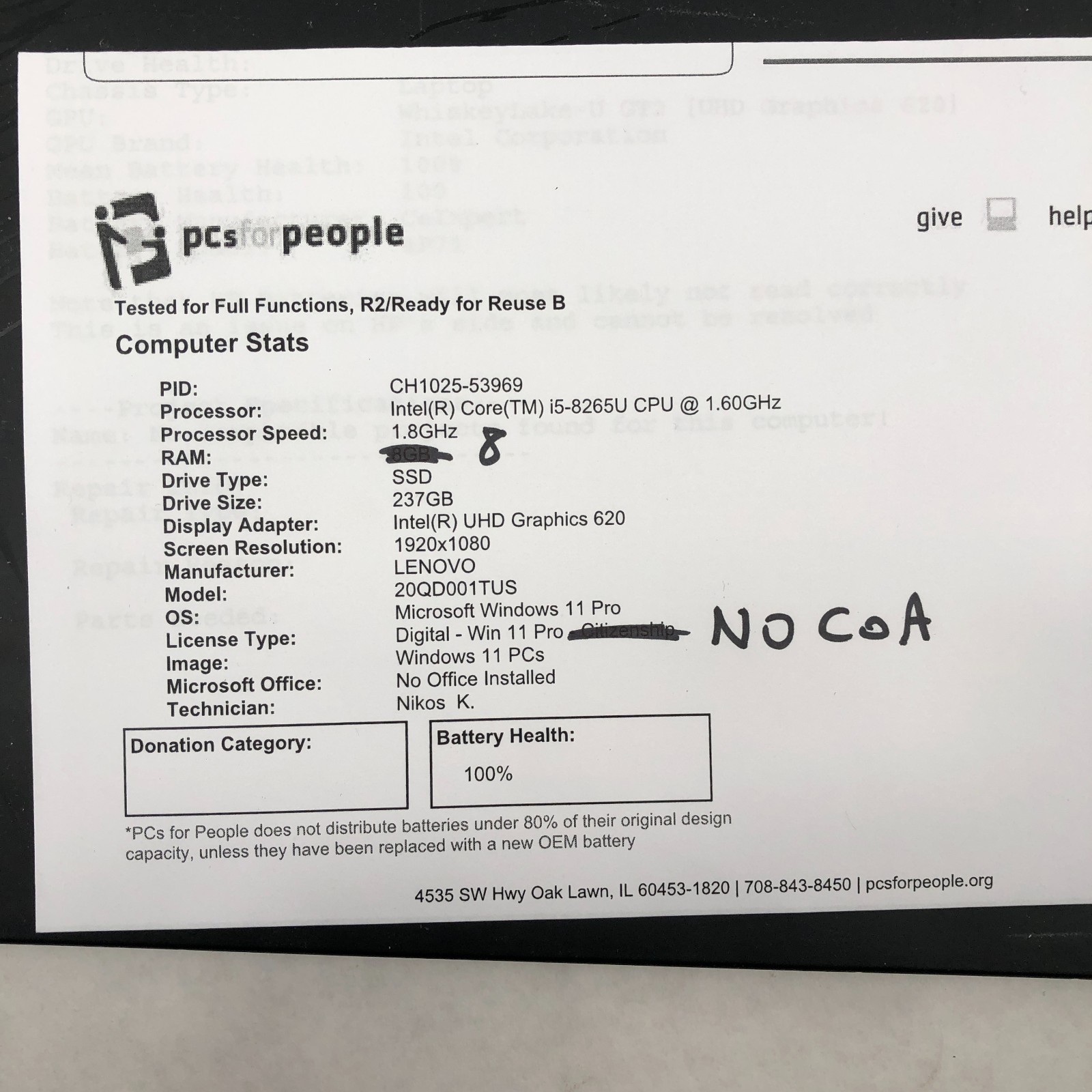 ThinkPad X1 Carbon 7th Gen Core i5-8265U 1.60GHZ 8GB RAM 256GB SSD Win11 No CoA