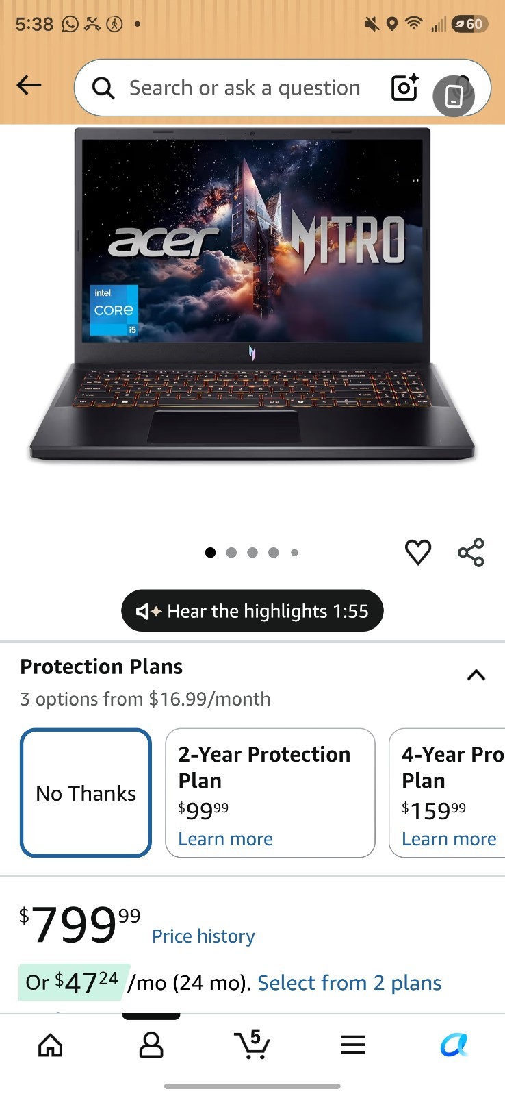 Acer Nitro V 15 Gaming Laptop – Intel Core i5-13420H | RTX 4050 | 8GB RAM | 512G