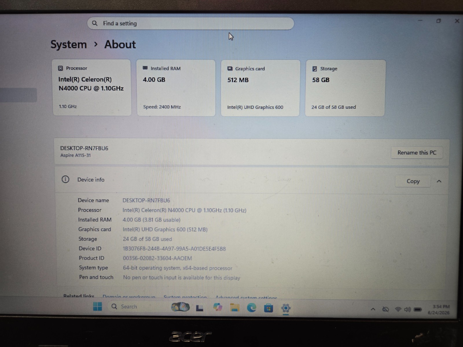 Acer ASPIRE A115-31 Intel Celeron N4020 4GB DDR4 64GB MMC Windows 11