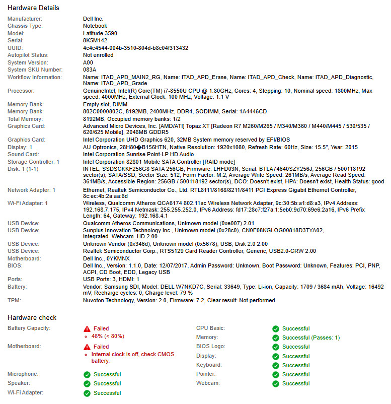 Dell Latitude 3590, i7-8550U CPU, @ 1.80GHz, 8GB RAM, 256GB SSD-No OS/Charger