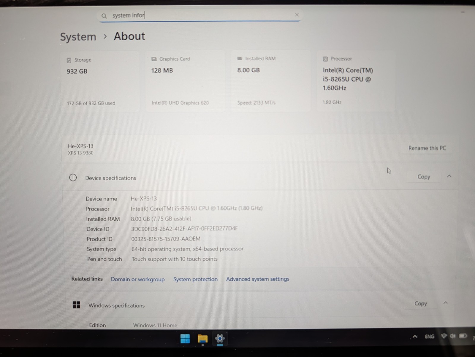 Dell XPS 13 9380 13.3″ Laptop Intel i5-8265U 1.6GHz 8GB 1TB Nvme Touchscreen
