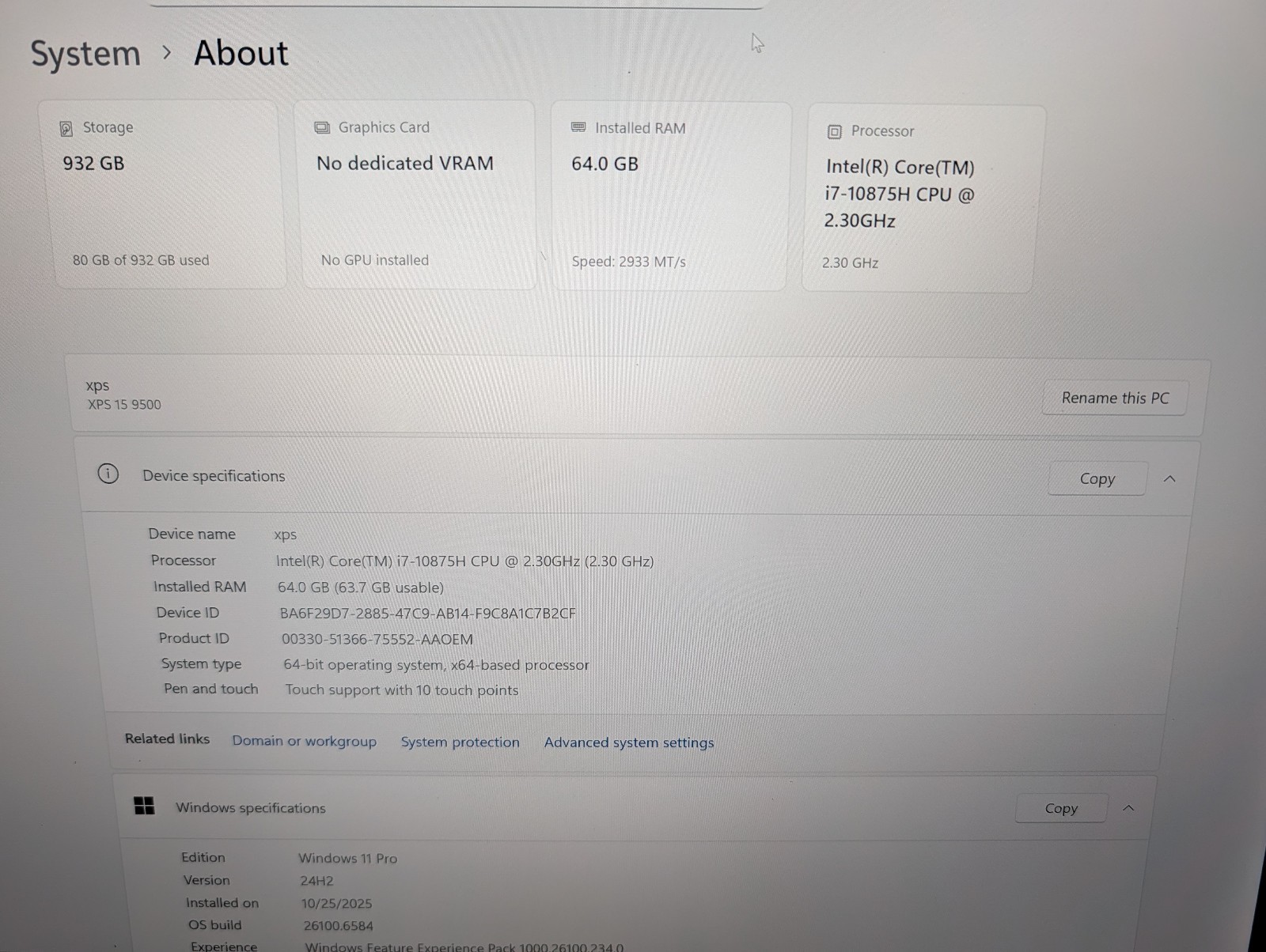 Dell XPS 15 9500 i7-10875H GTX 1650 Ti 64GB RAM 1TB Samsung EVO UHD Screen