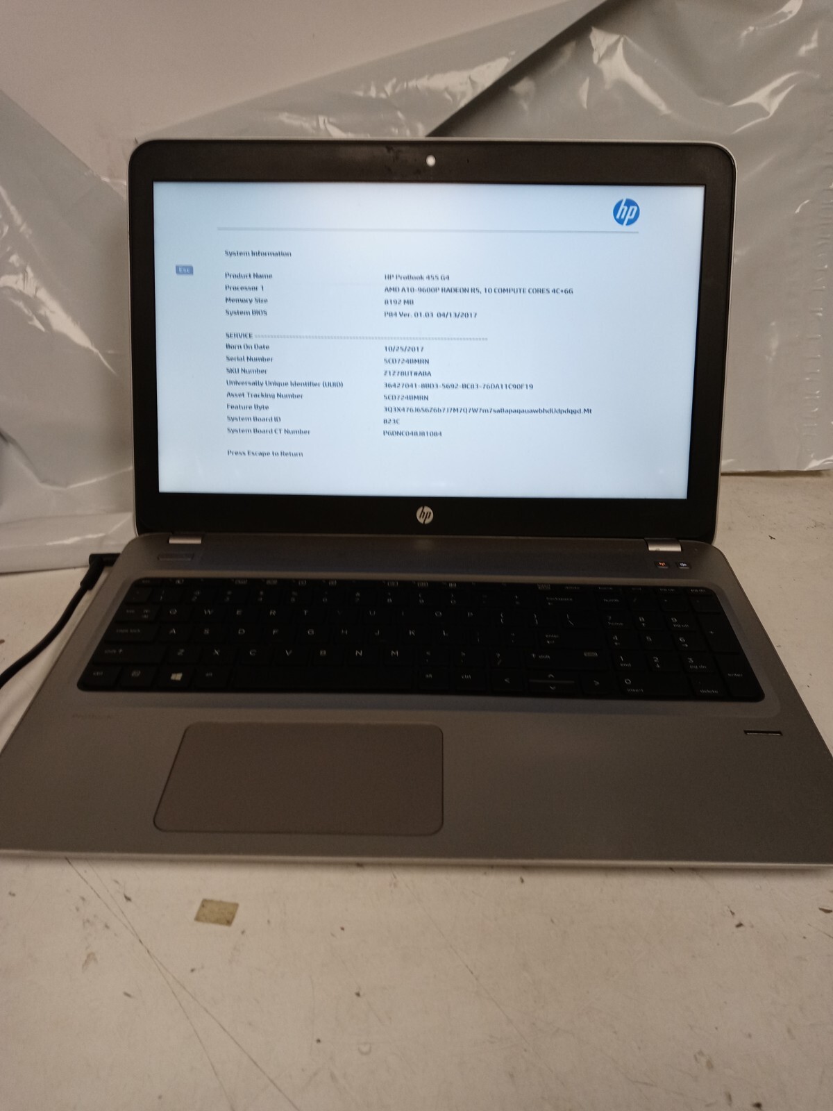 HP ProBook 455 G4 AMD A10-9600P 2.4GHz 8GB RAM 0GB SSD NO OS